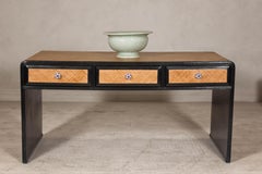 Rattan over Wood Waterfall Desk with Black Lacquer Finish and Three Drawers
