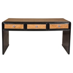 Rattan over Wood Waterfall Desk with Black Lacquer Finish and Three Drawers