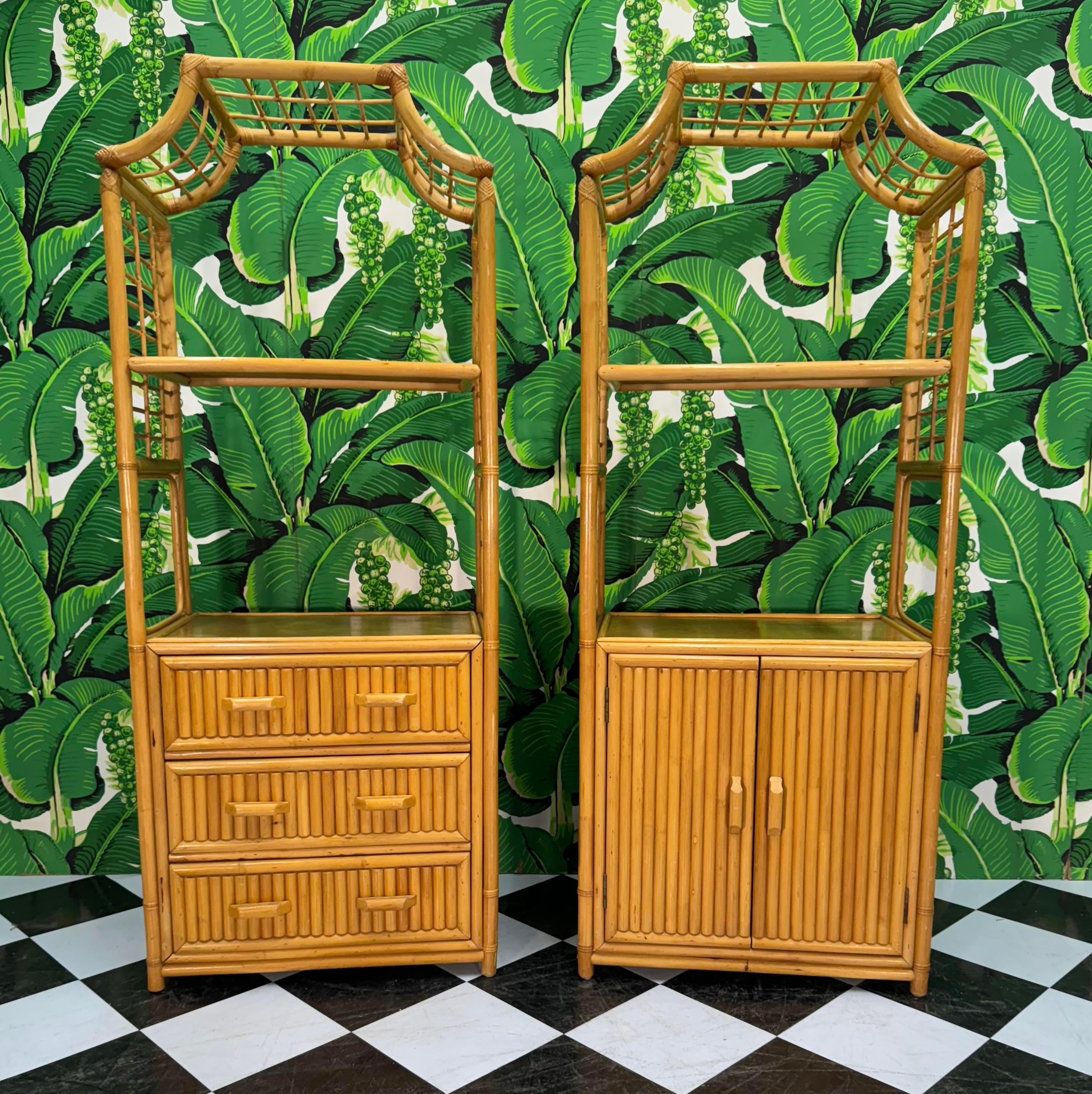 Pair of rattan etageres feature a chinoiserie pagoda form and rattan fretwork. One with three drawers and one with double doors revealing shelved storage. Good condition with minor imperfections consistent with age, see photos for condition details.