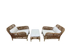 Rattan Pair Chairs With Ottoman, France, Mid Century