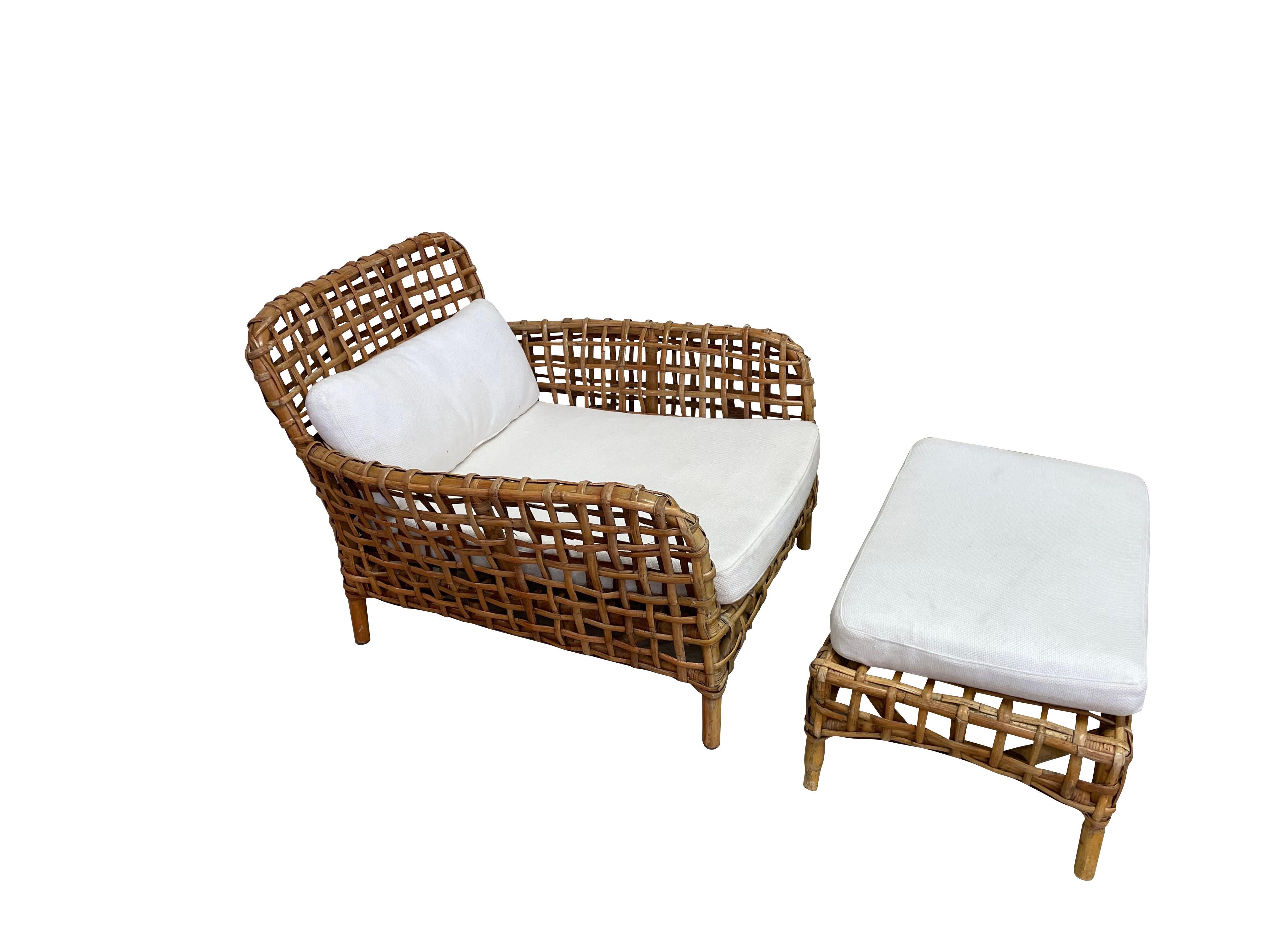 French Rattan Pair Chairs With Ottoman, France, Mid Century For Sale