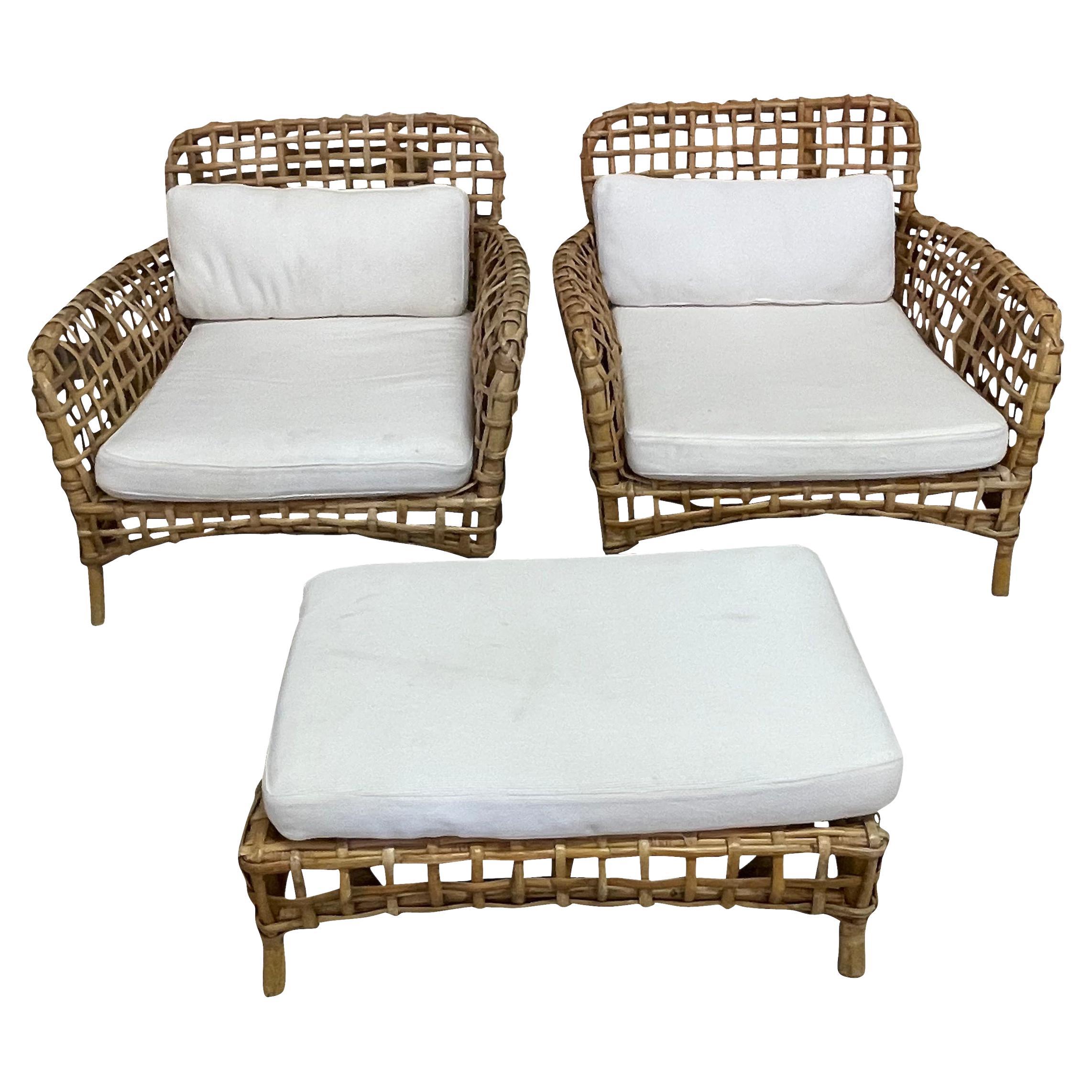 Rattan Pair Chairs With Ottoman, France, Mid Century