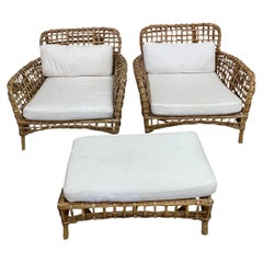 Rattan Pair Chairs With Ottoman, France, Mid Century