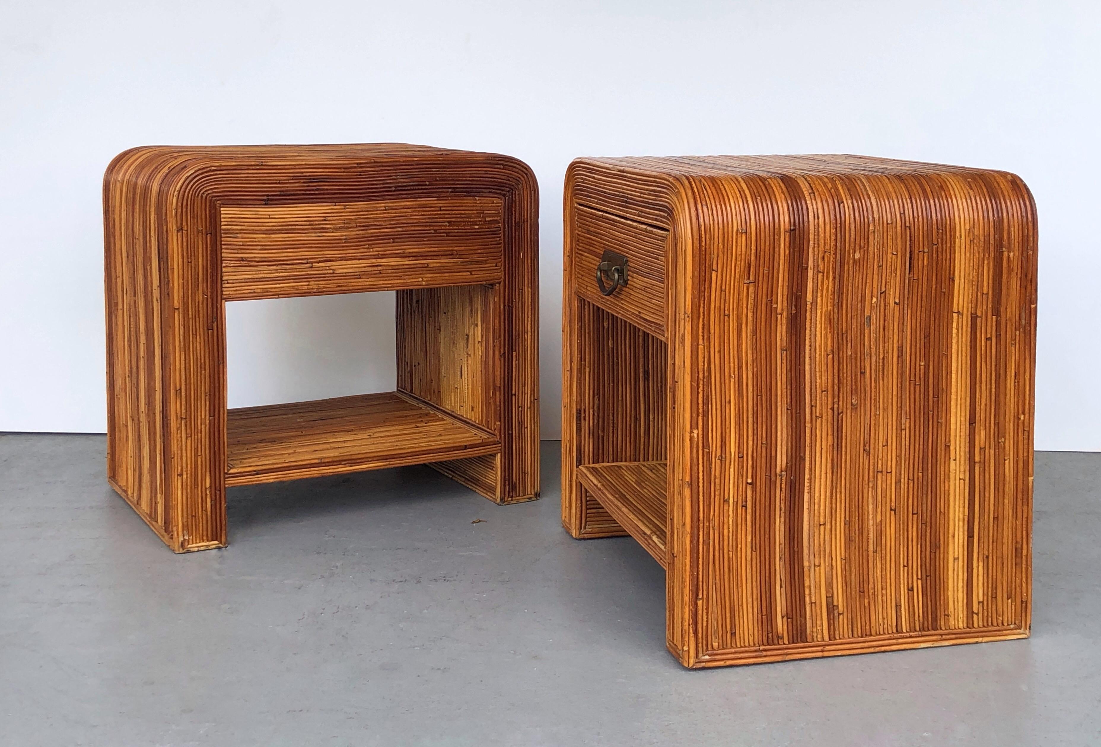 American Rattan Pair of Waterfall Design Bed Side Tables, 1970s
