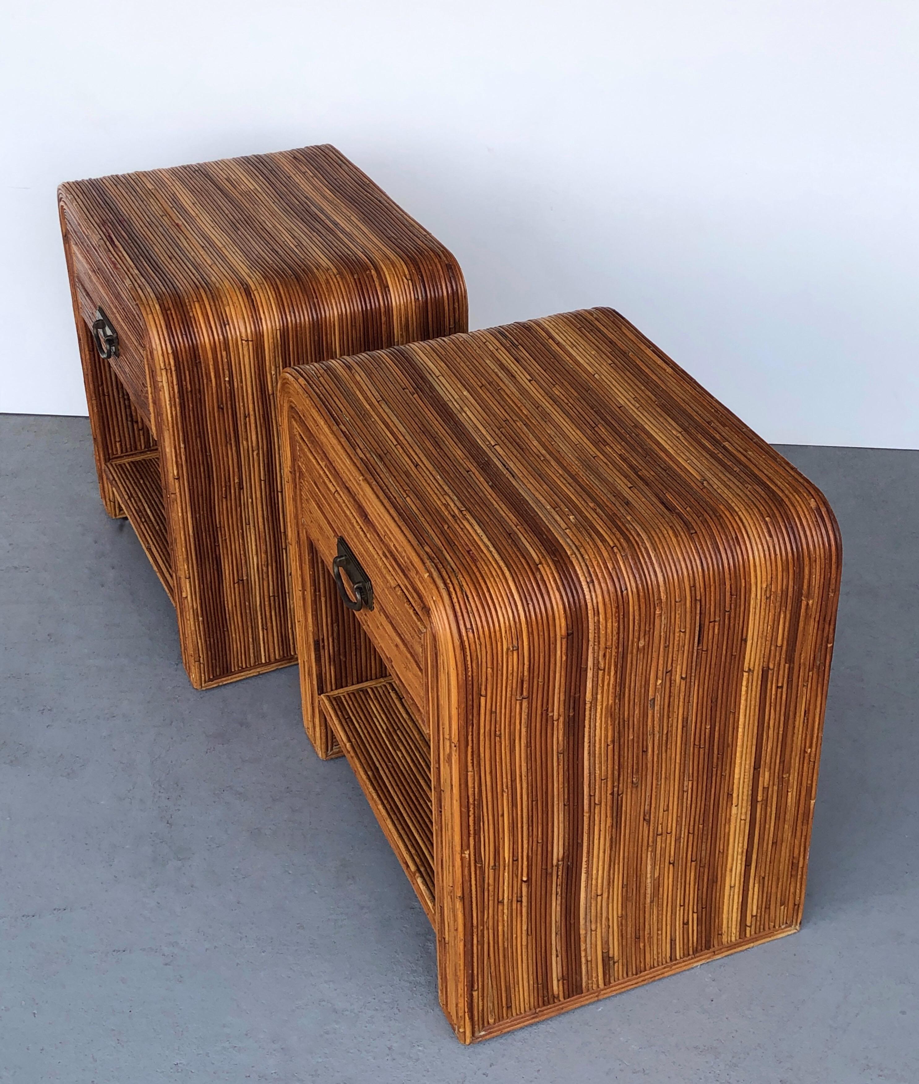 Late 20th Century Rattan Pair of Waterfall Design Bed Side Tables, 1970s
