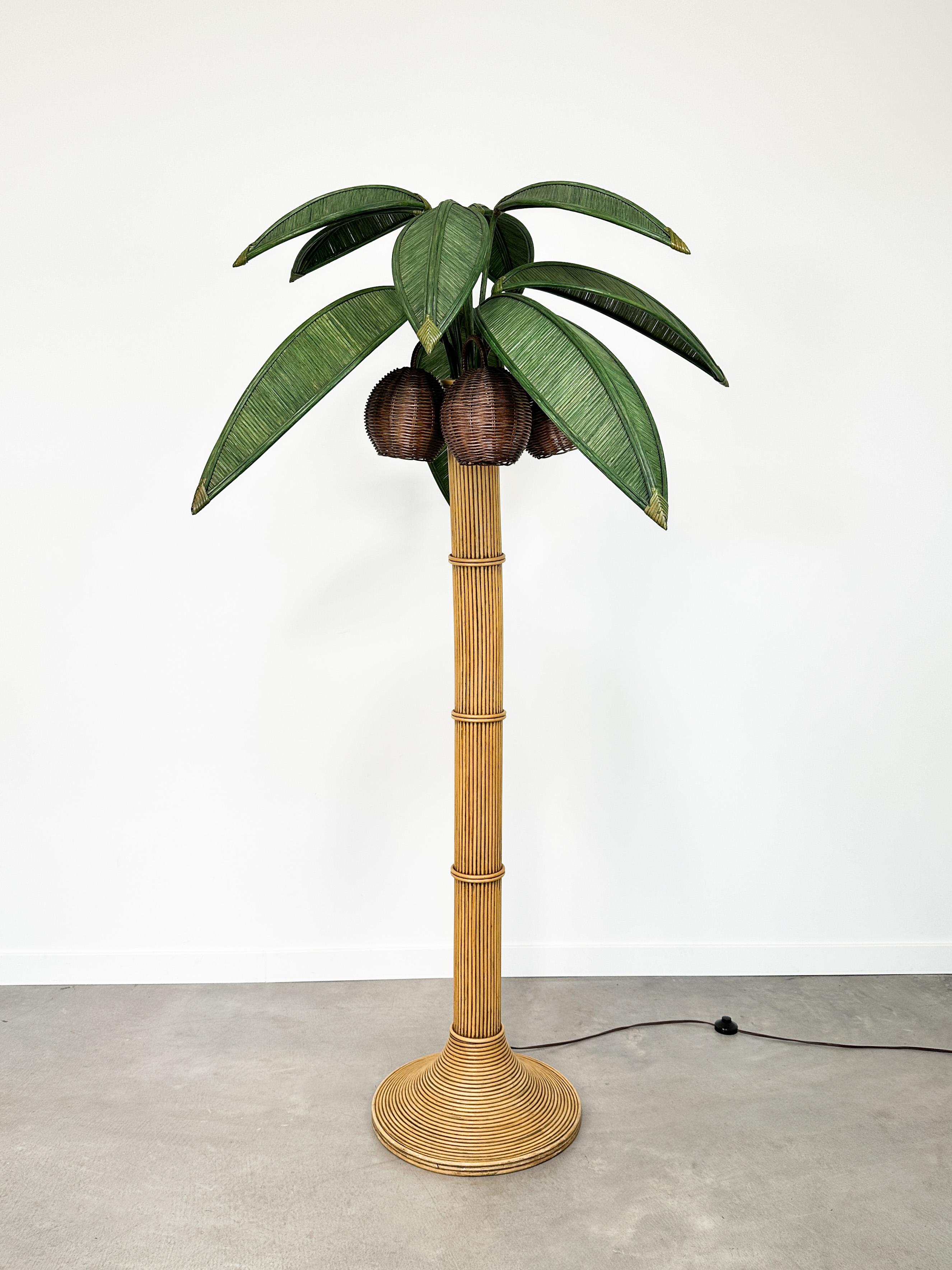 Post-Modern 1970s Rattan Palm Tree Floor Lamp Attributed to Mario Lopez Torres