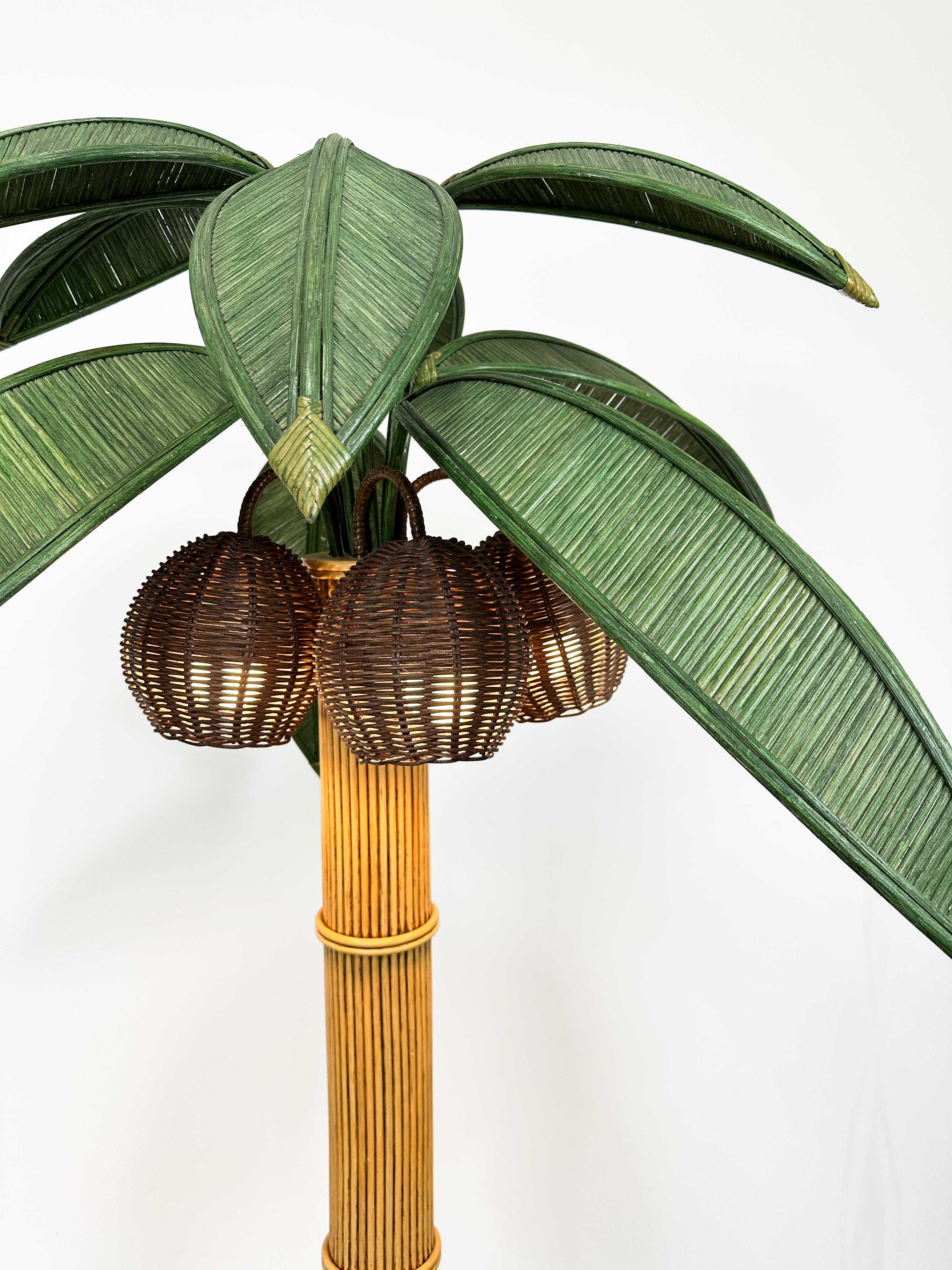 Unknown 1970s Rattan Palm Tree Floor Lamp Attributed to Mario Lopez Torres