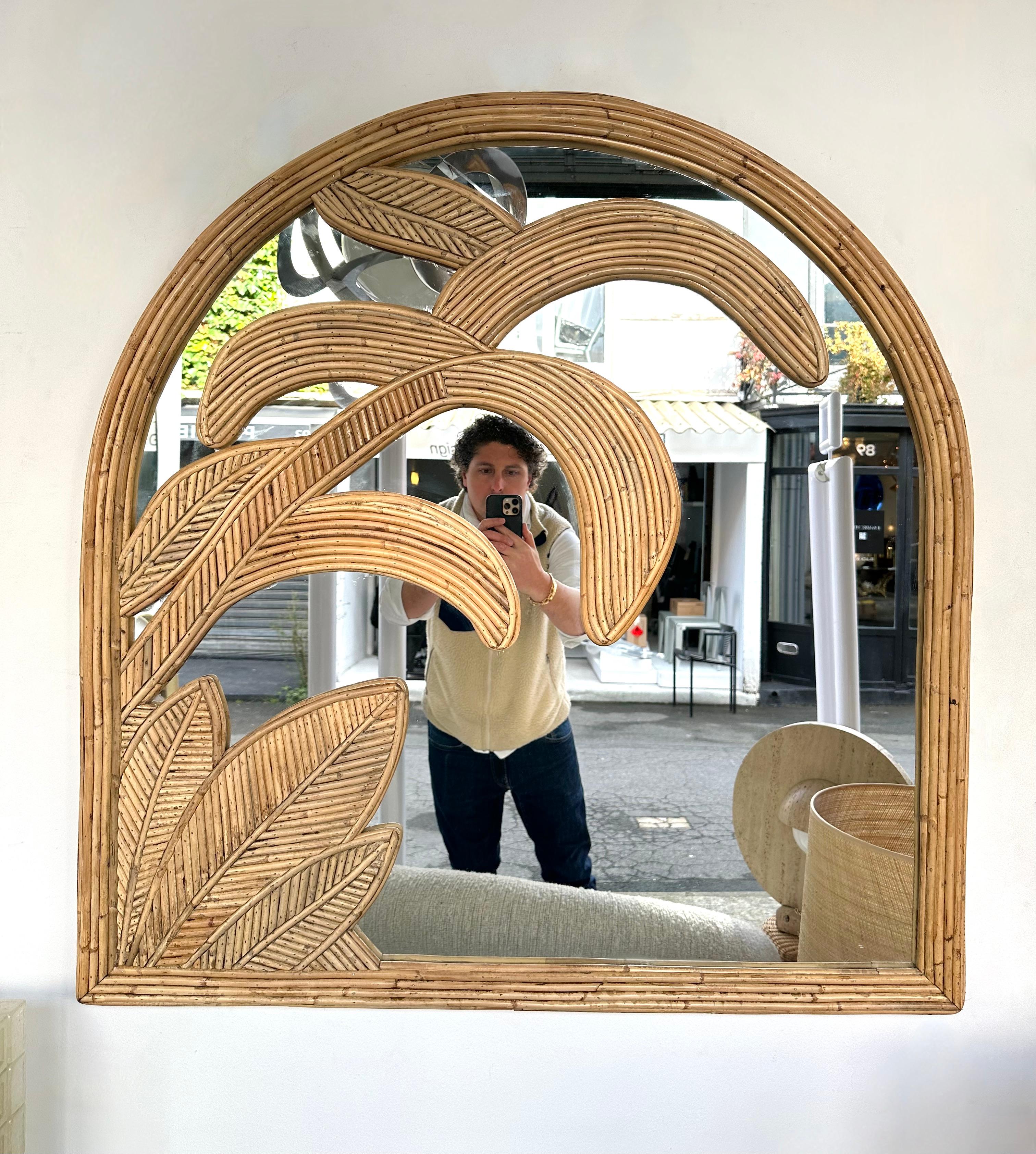 Mid-Century Modern Rattan Palm Tree Mirror by Vivai Del Sud. Italy, 1970s For Sale