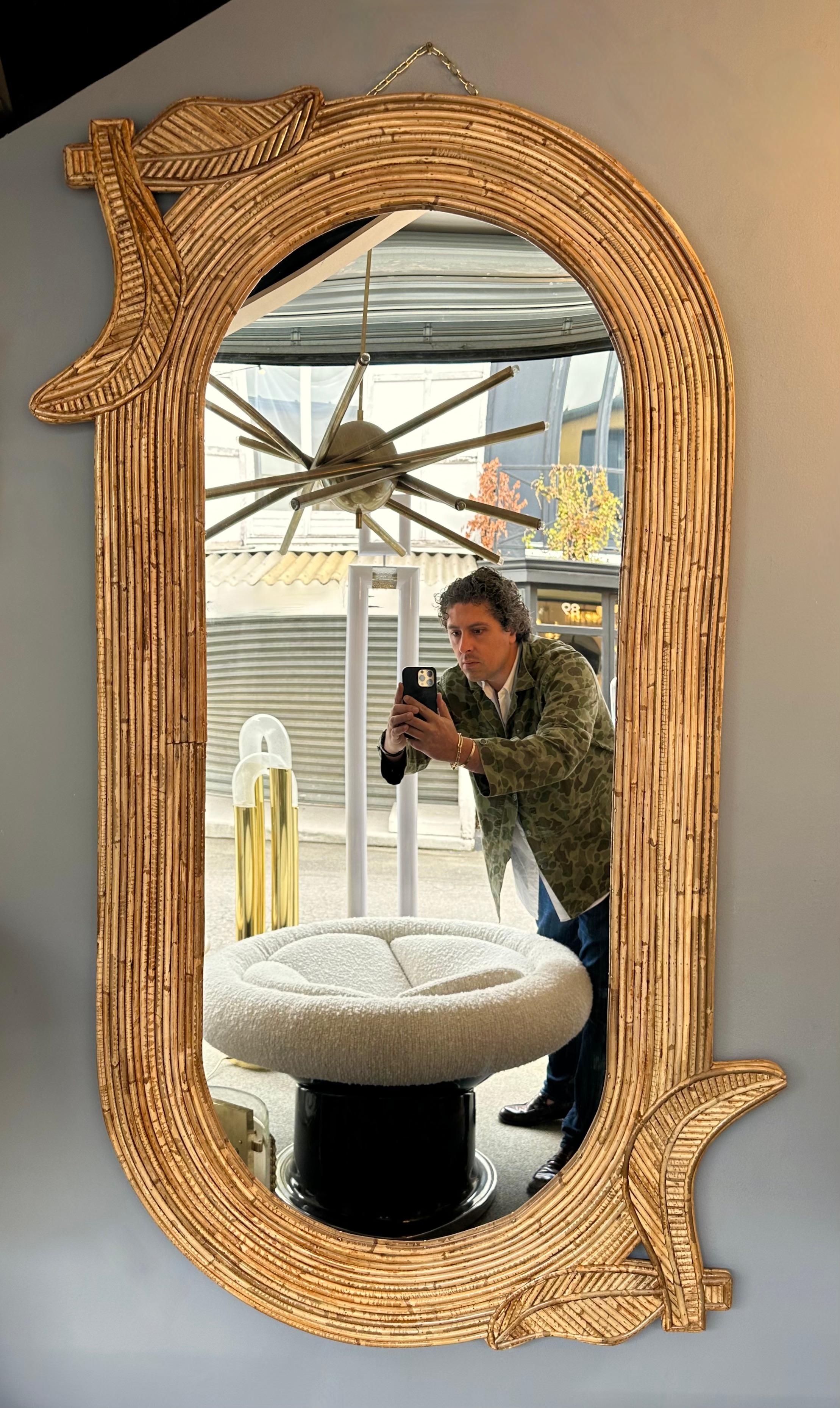 Miroir palmier en rotin de Vivai Del Sud. Italie, 1970 Bon état à SAINT-OUEN, FR