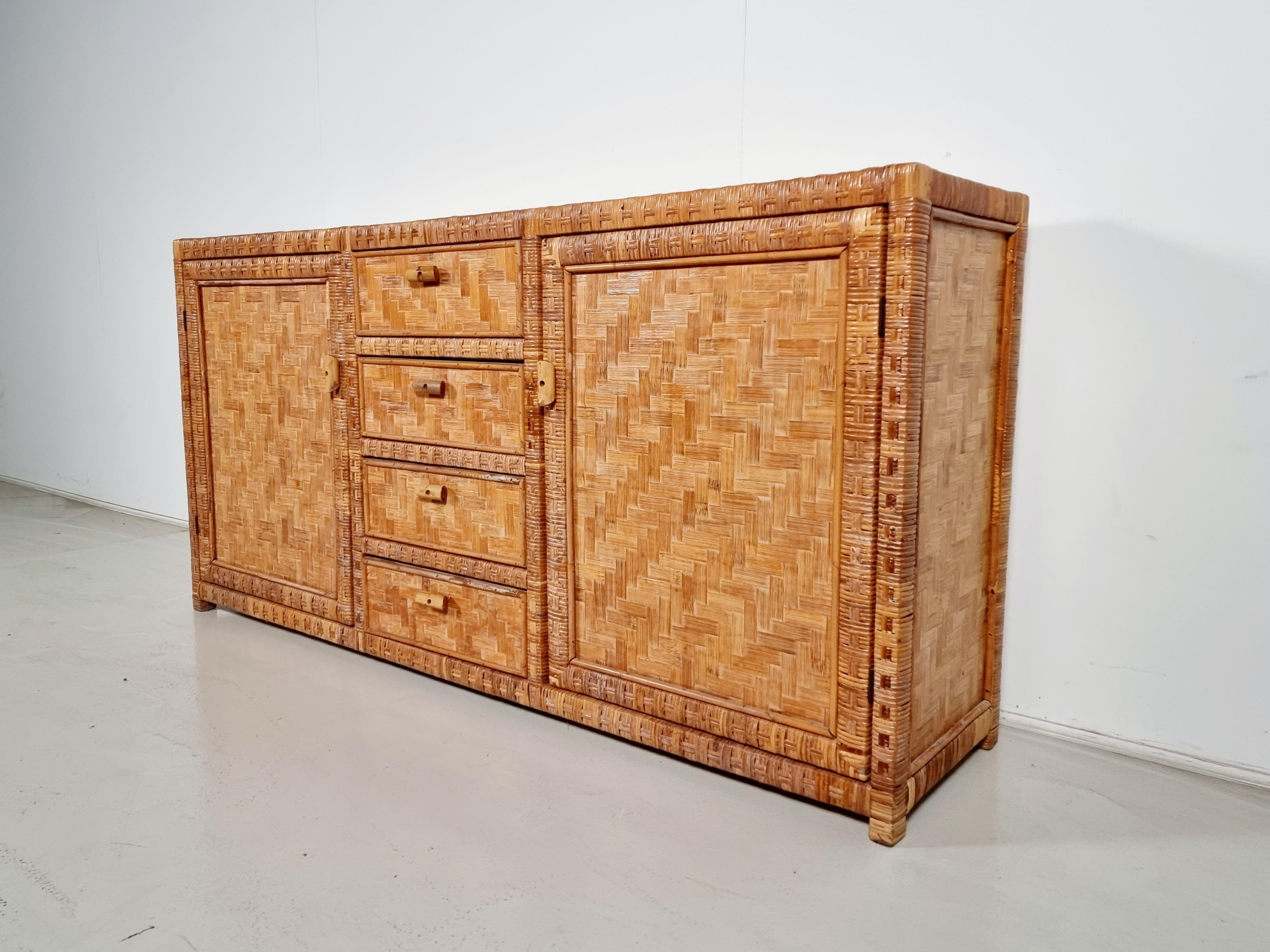Mid-Century Modern Rattan Parquet Style Credenza/Sideboard from Italy, 1970s