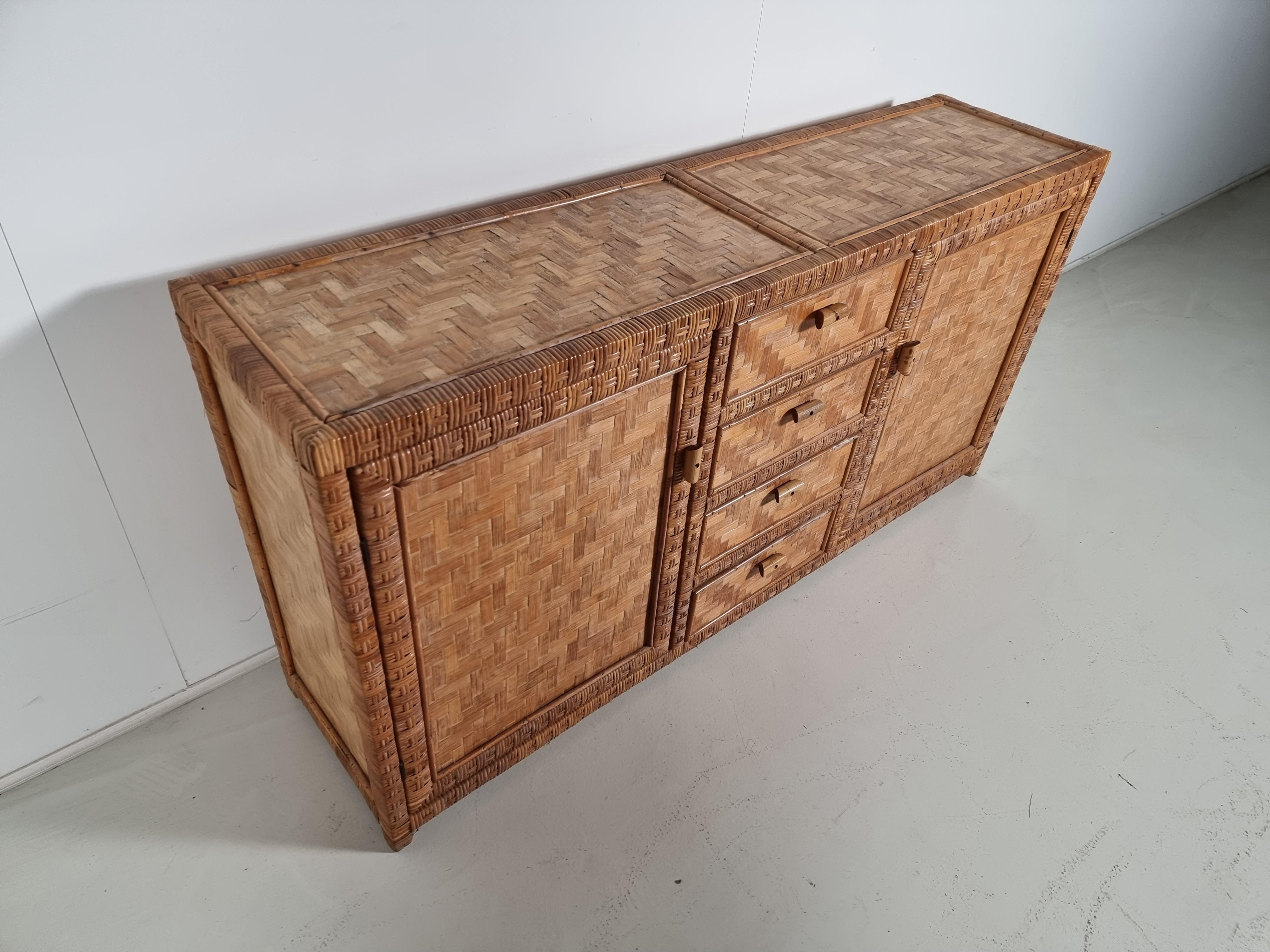 European Rattan Parquet Style Credenza/Sideboard from Italy, 1970s