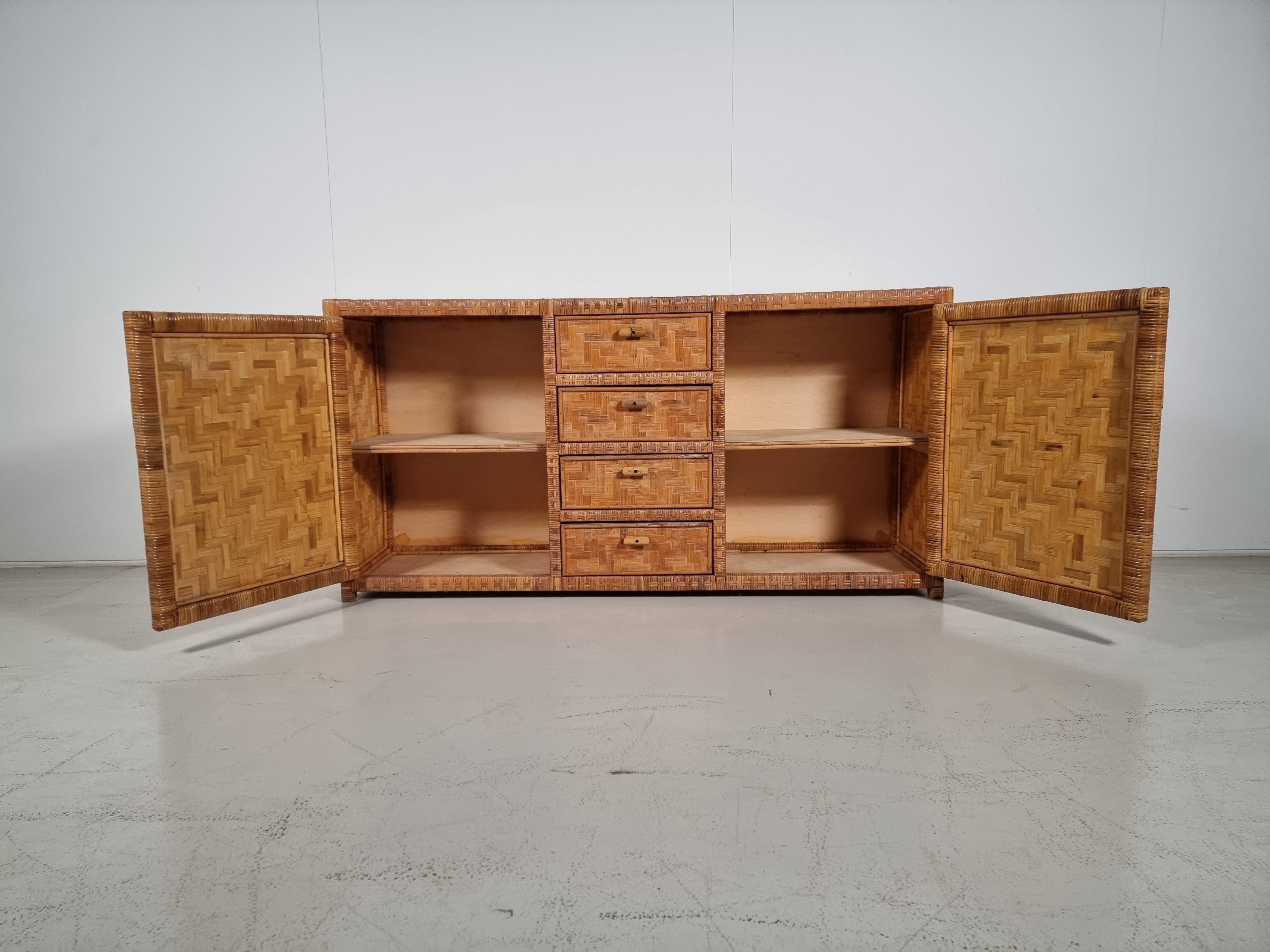 Rattan Parquet Style Credenza/Sideboard from Italy, 1970s In Good Condition In amstelveen, NL
