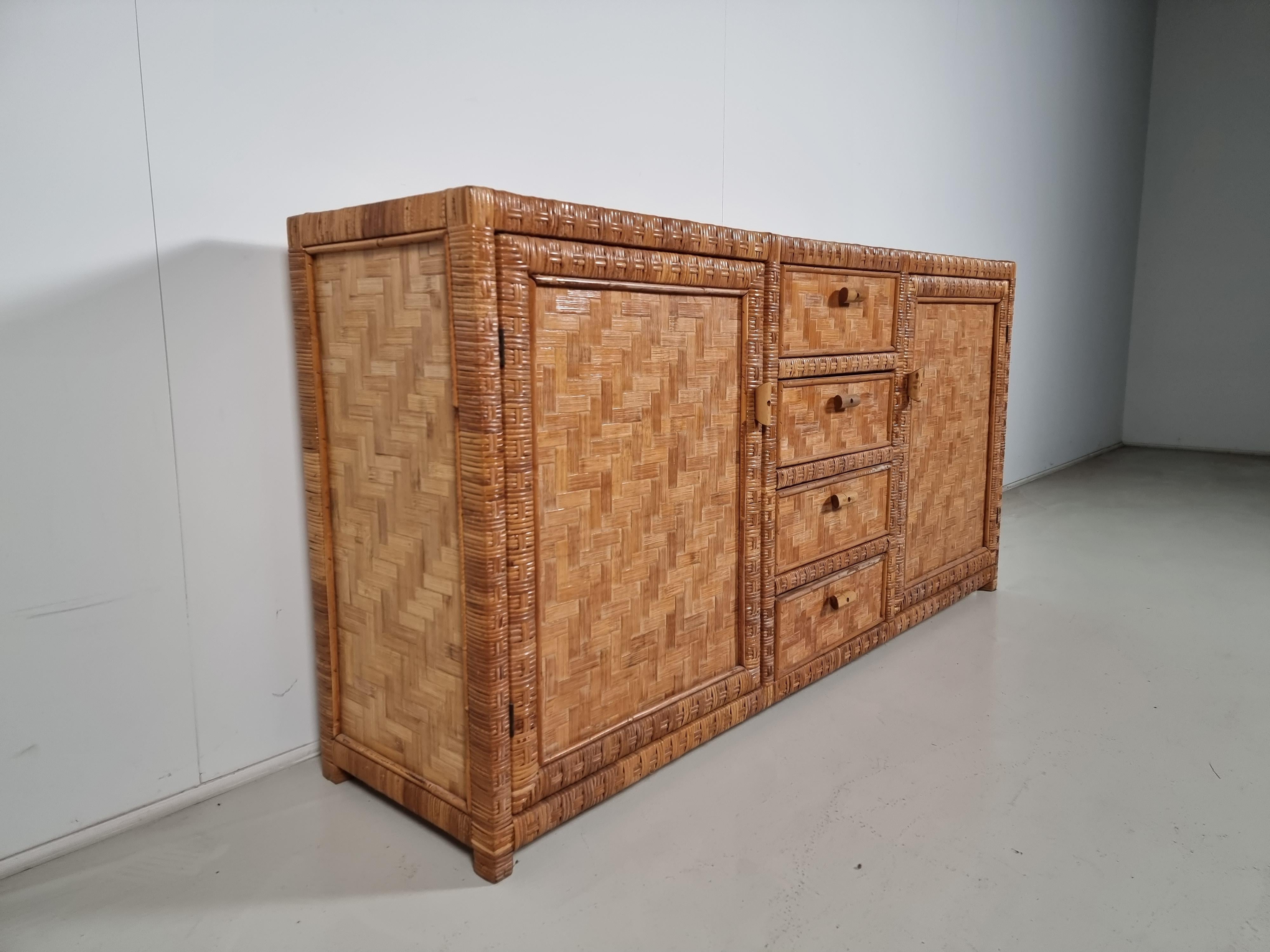 Late 20th Century Rattan Parquet Style Credenza/Sideboard from Italy, 1970s