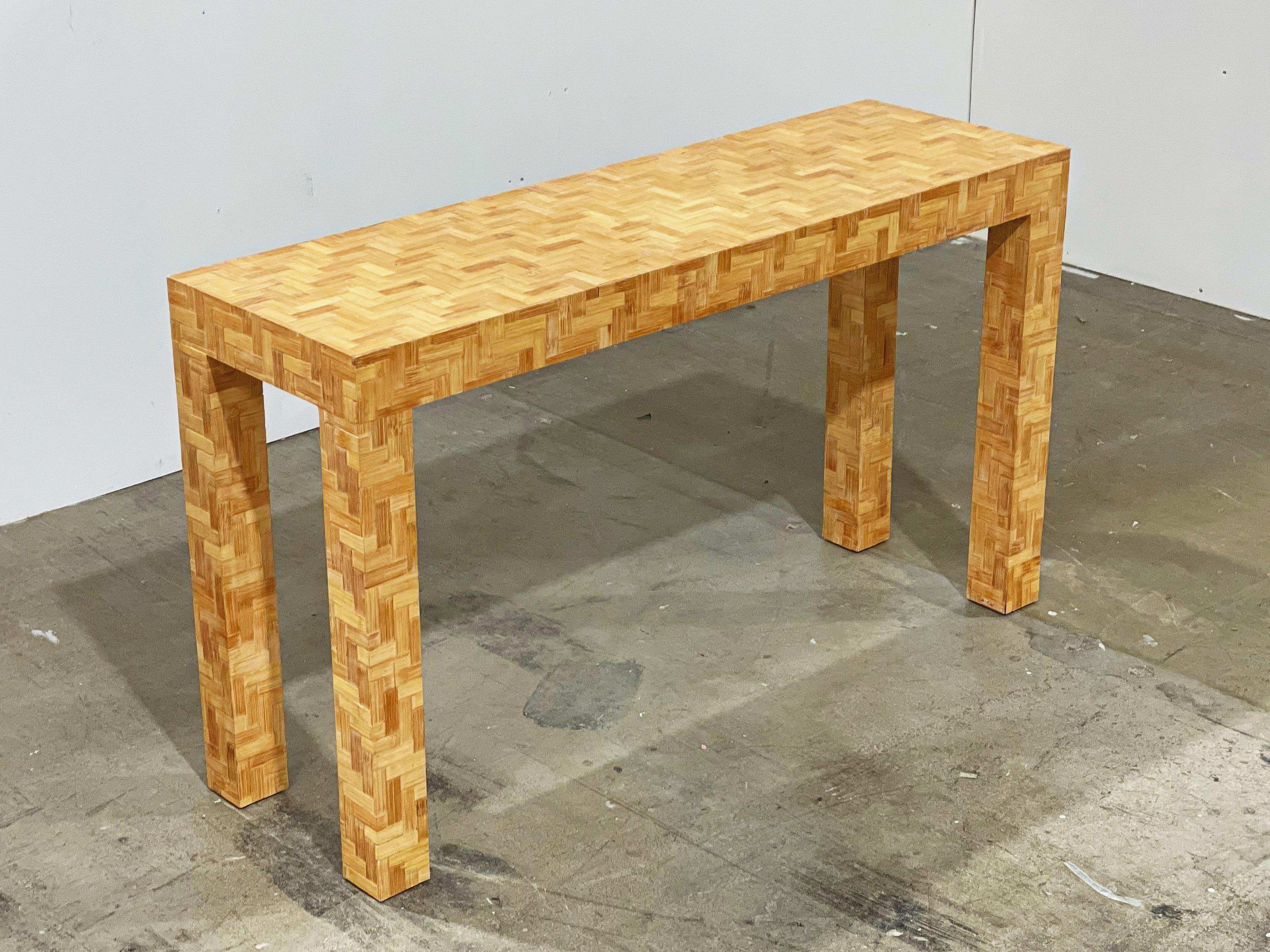 Rattan Parsons Style Console Table - Midcentury Organic Modern Woven Chevron 4