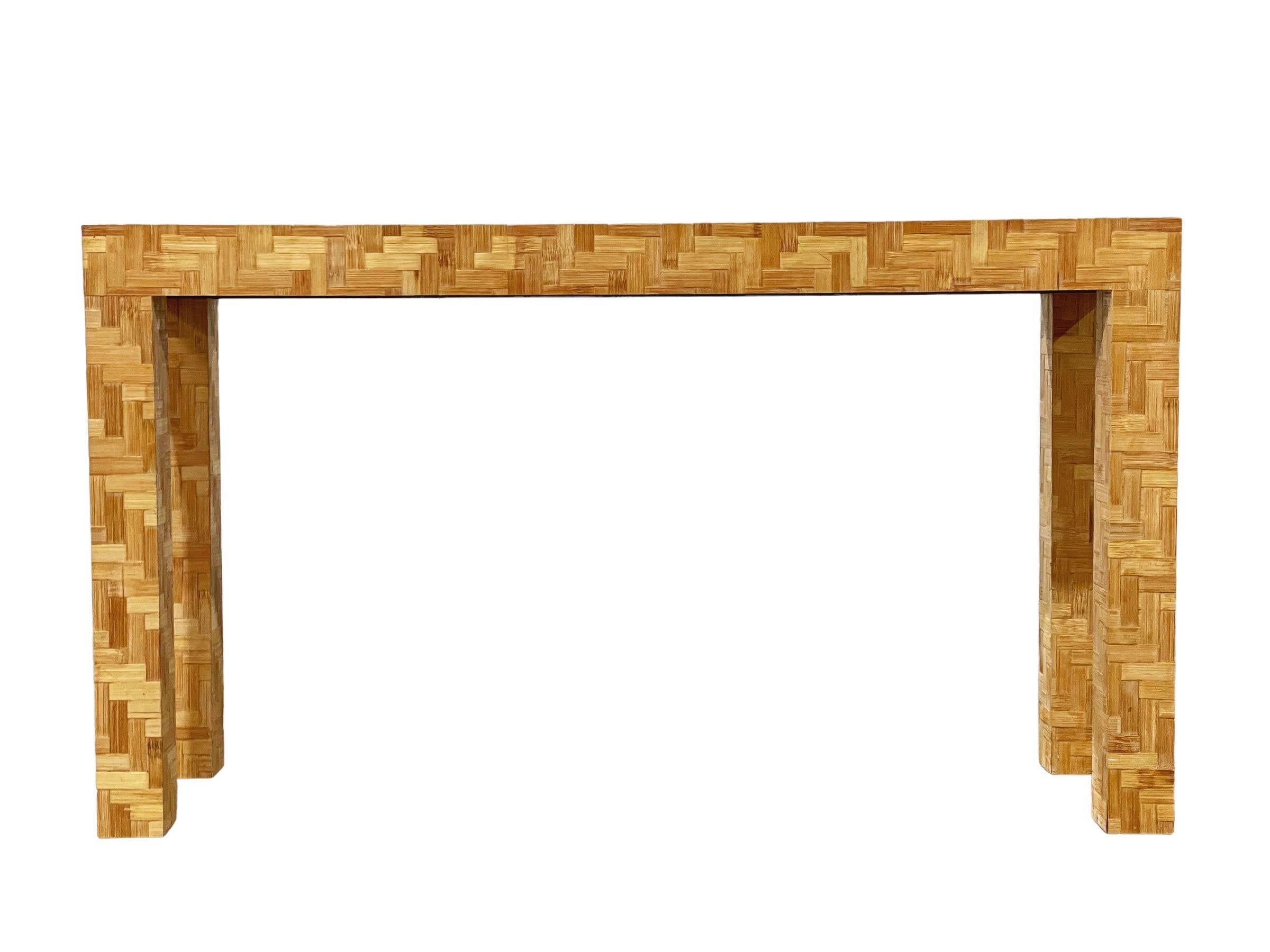 Rattan Parsons Style Console Table - Midcentury Organic Modern Woven Chevron 5