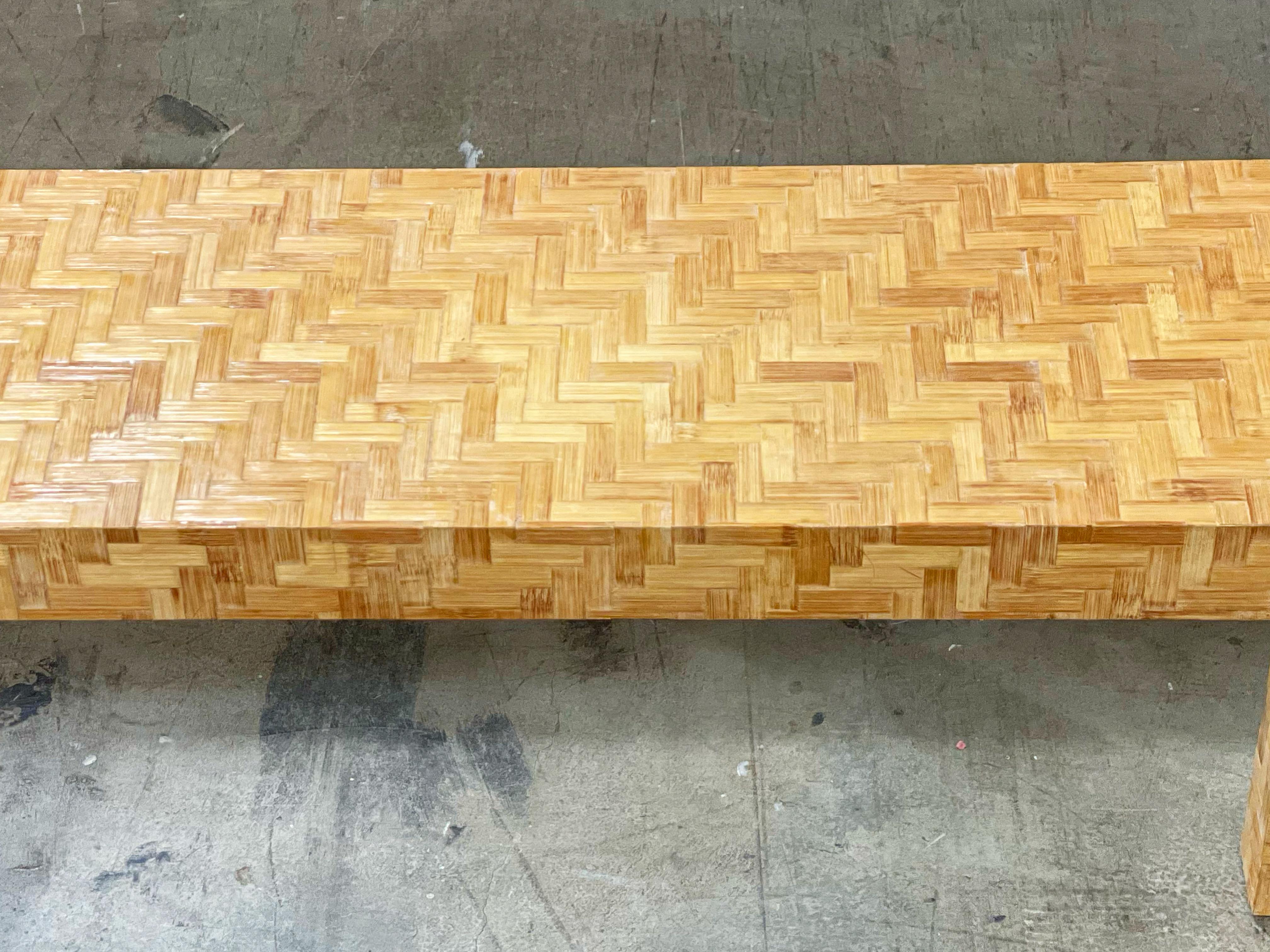 Italian Rattan Parsons Style Console Table - Midcentury Organic Modern Woven Chevron