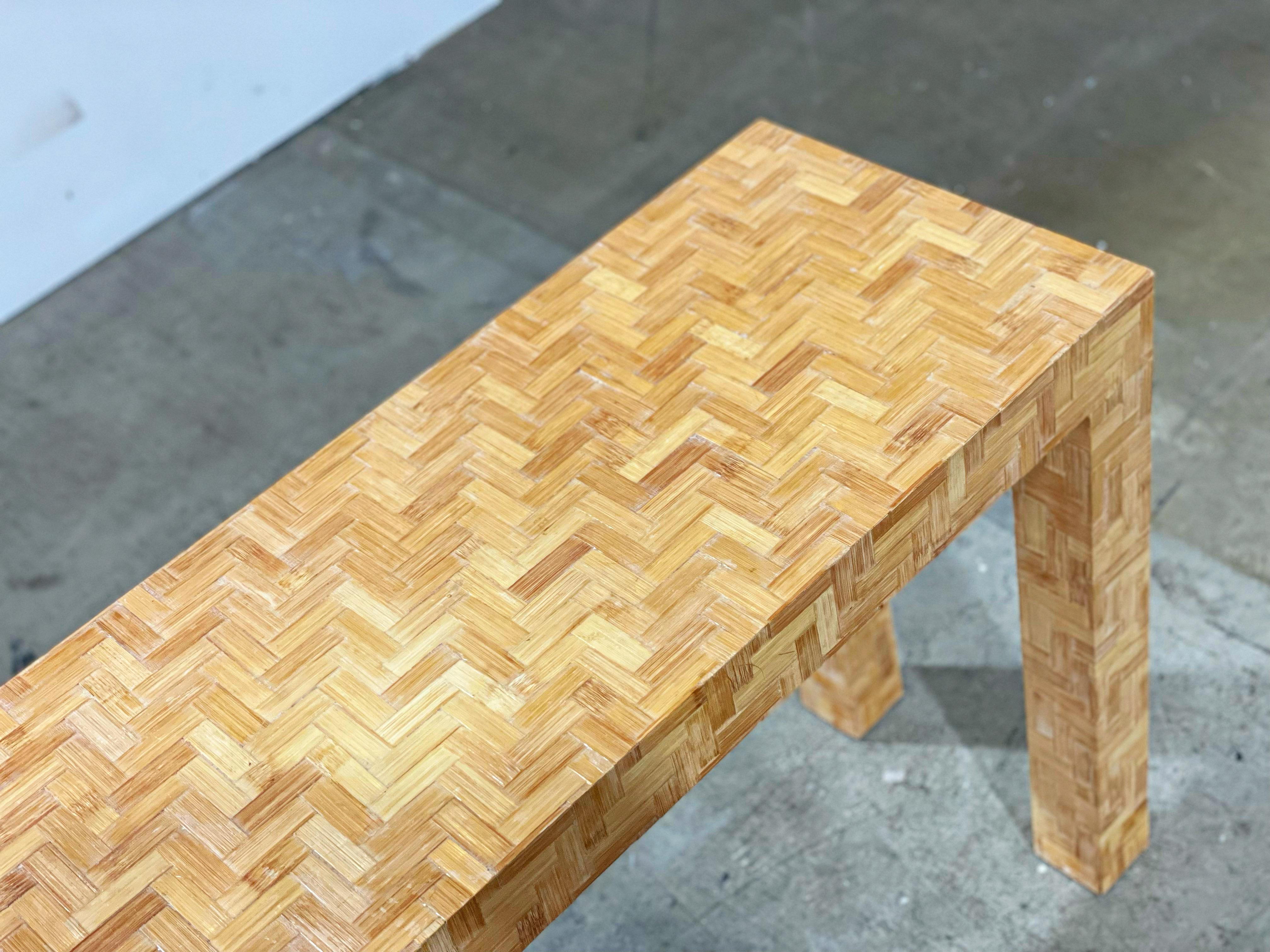 Rattan Parsons Style Console Table - Midcentury Organic Modern Woven Chevron In Good Condition In Decatur, GA
