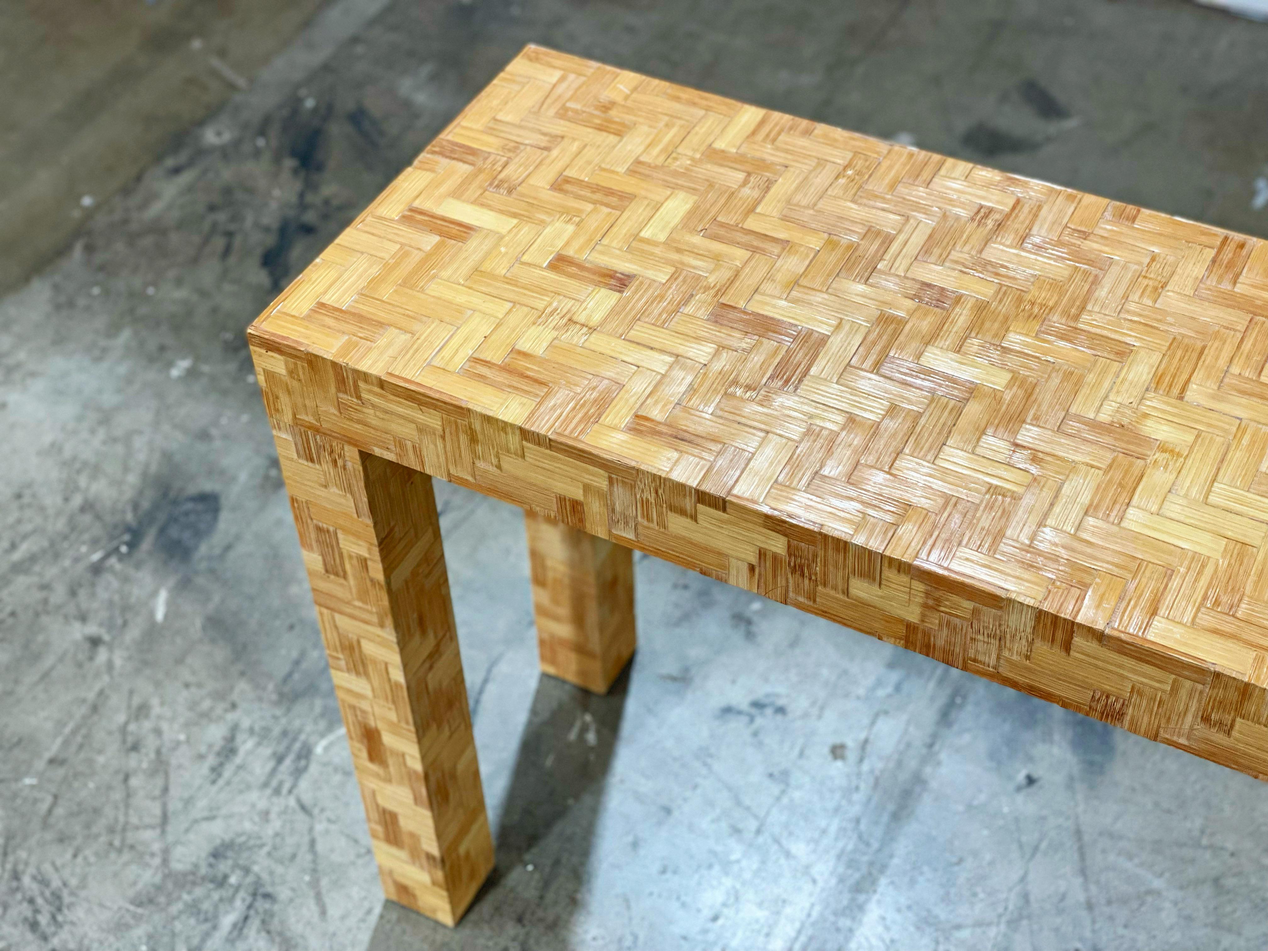 Late 20th Century Rattan Parsons Style Console Table - Midcentury Organic Modern Woven Chevron