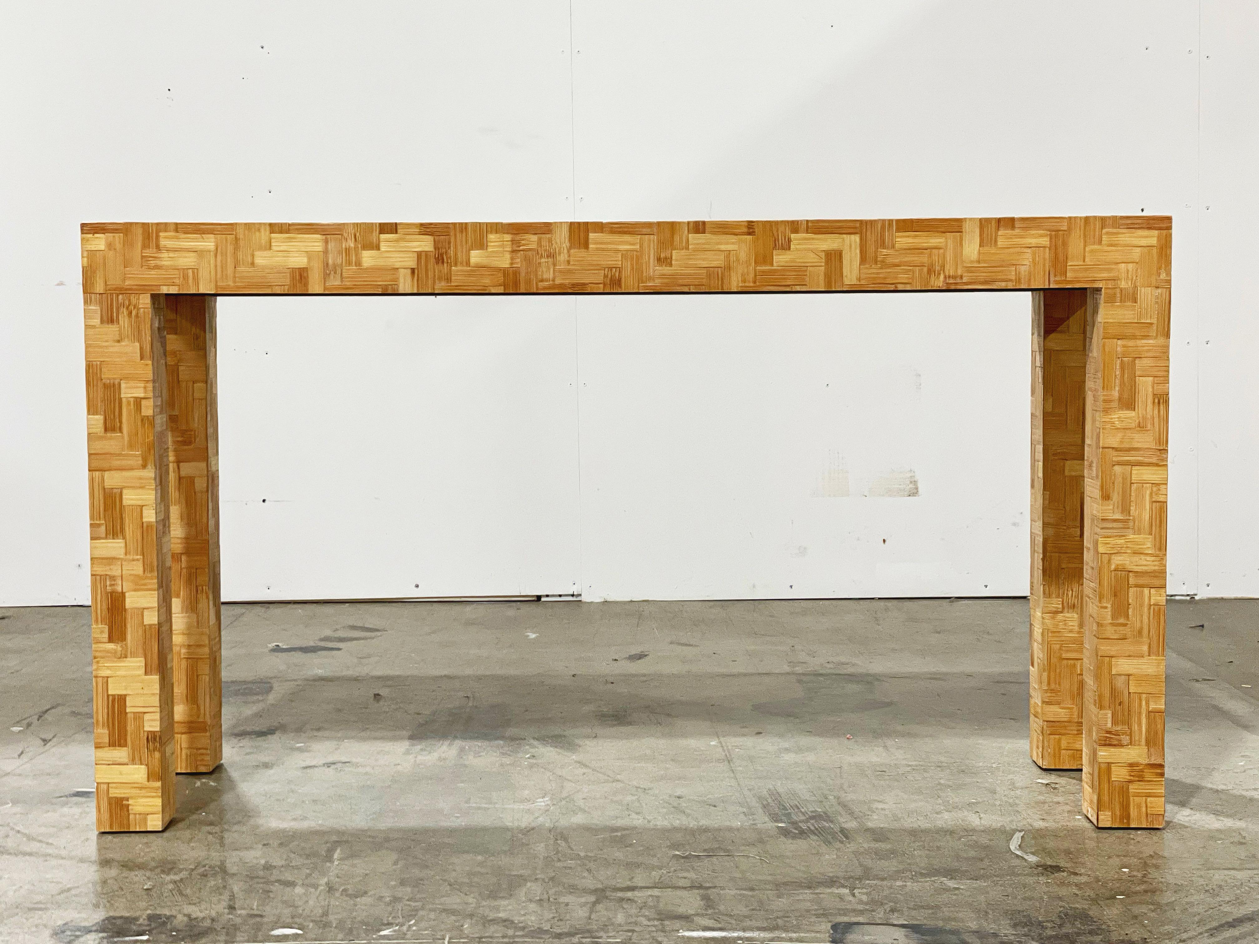 Bamboo Rattan Parsons Style Console Table - Midcentury Organic Modern Woven Chevron