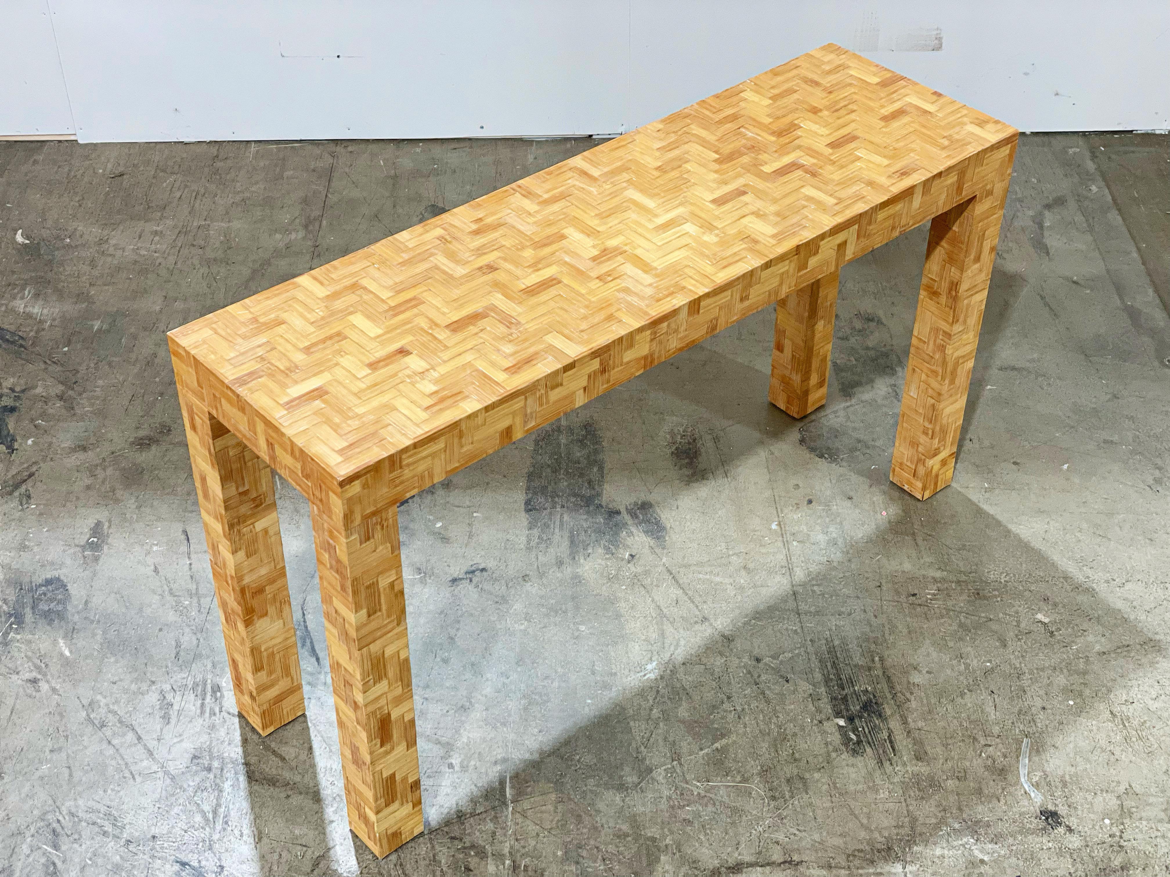 Rattan Parsons Style Console Table - Midcentury Organic Modern Woven Chevron 1