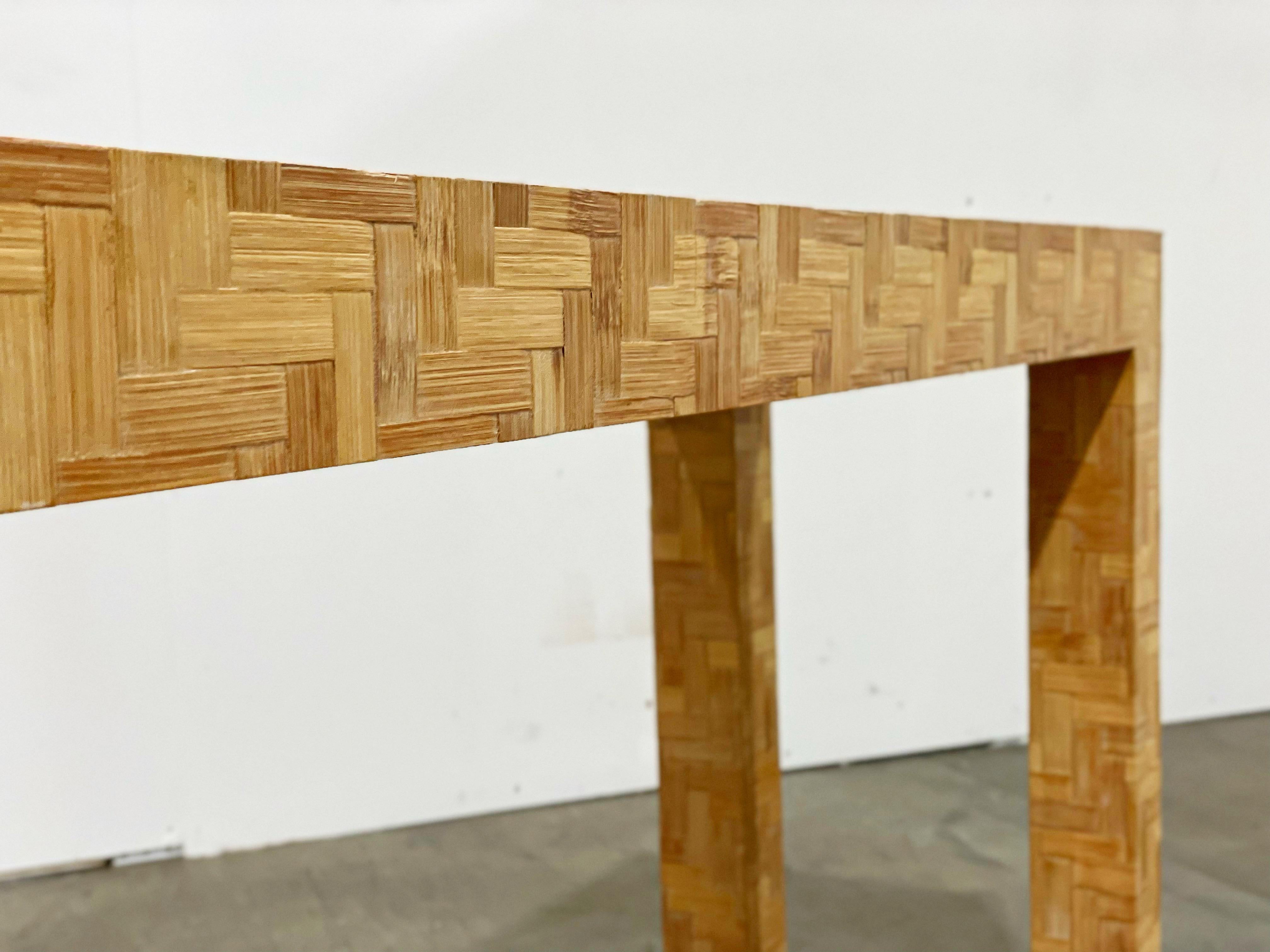 Rattan Parsons Style Console Table - Midcentury Organic Modern Woven Chevron 2