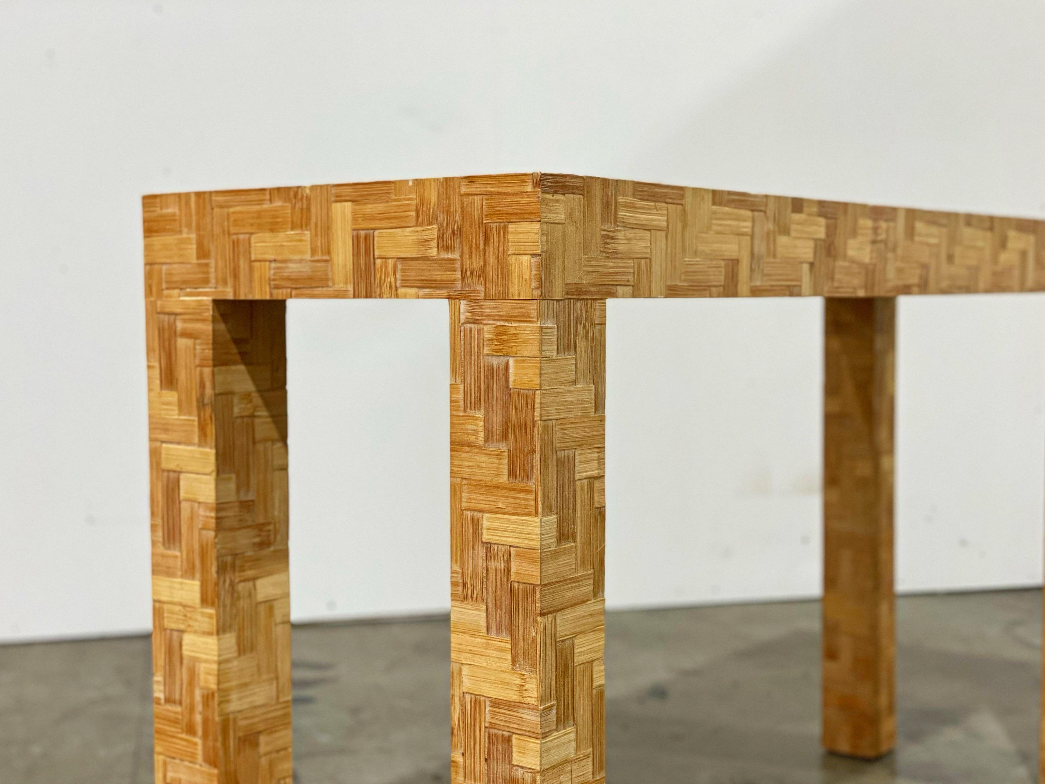 Rattan Parsons Style Console Table - Midcentury Organic Modern Woven Chevron 3