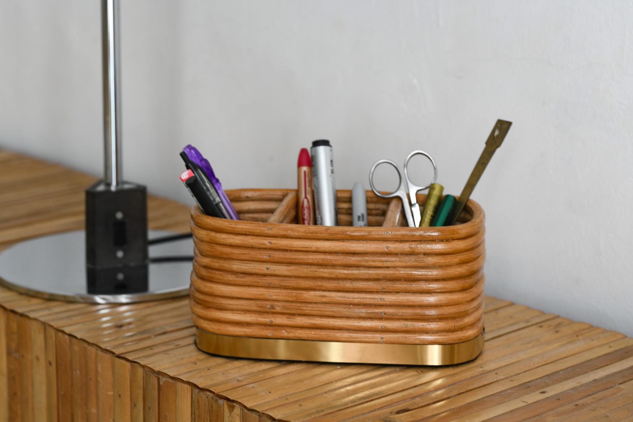 Hand-Crafted Rattan Pencil Reed Desk Organizer Mid Century Modern For Sale