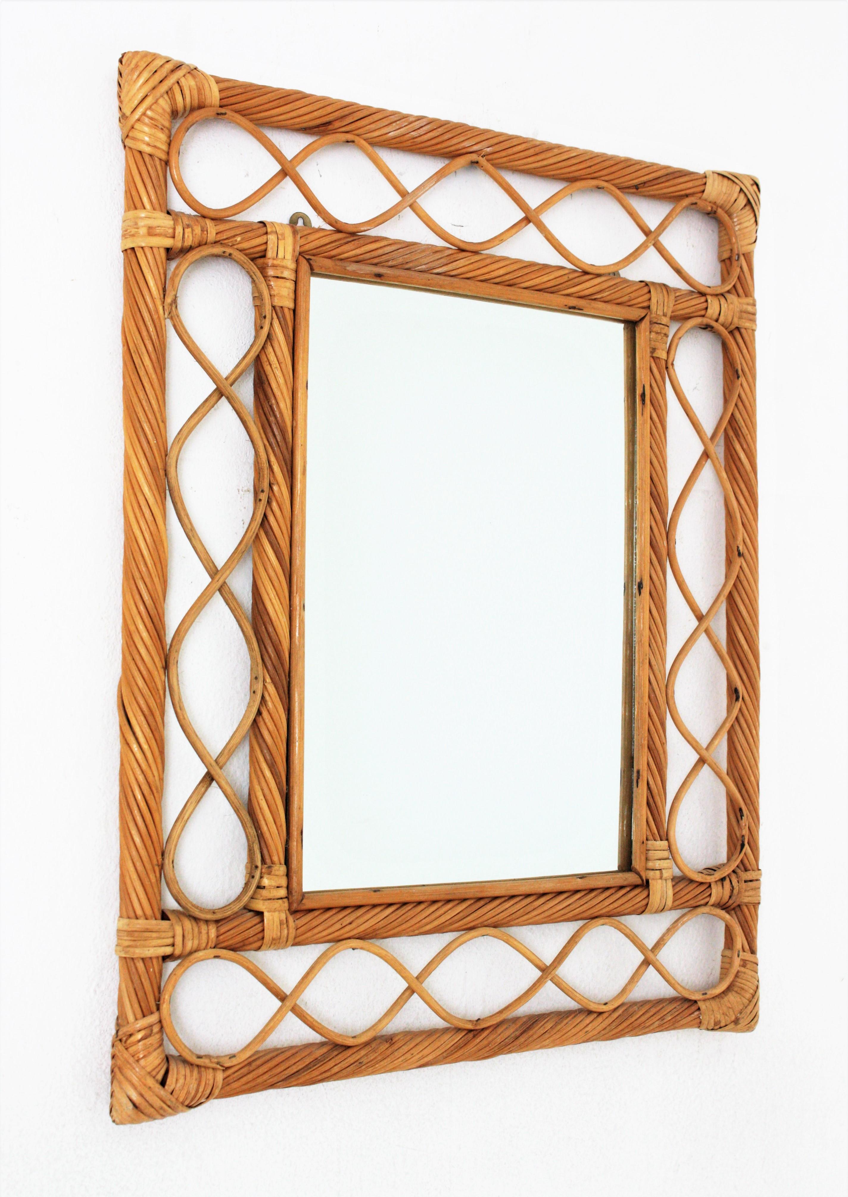 Mid-Century Modern Rattan Pencil Reed Franco Albini Style Rectangular Mirror