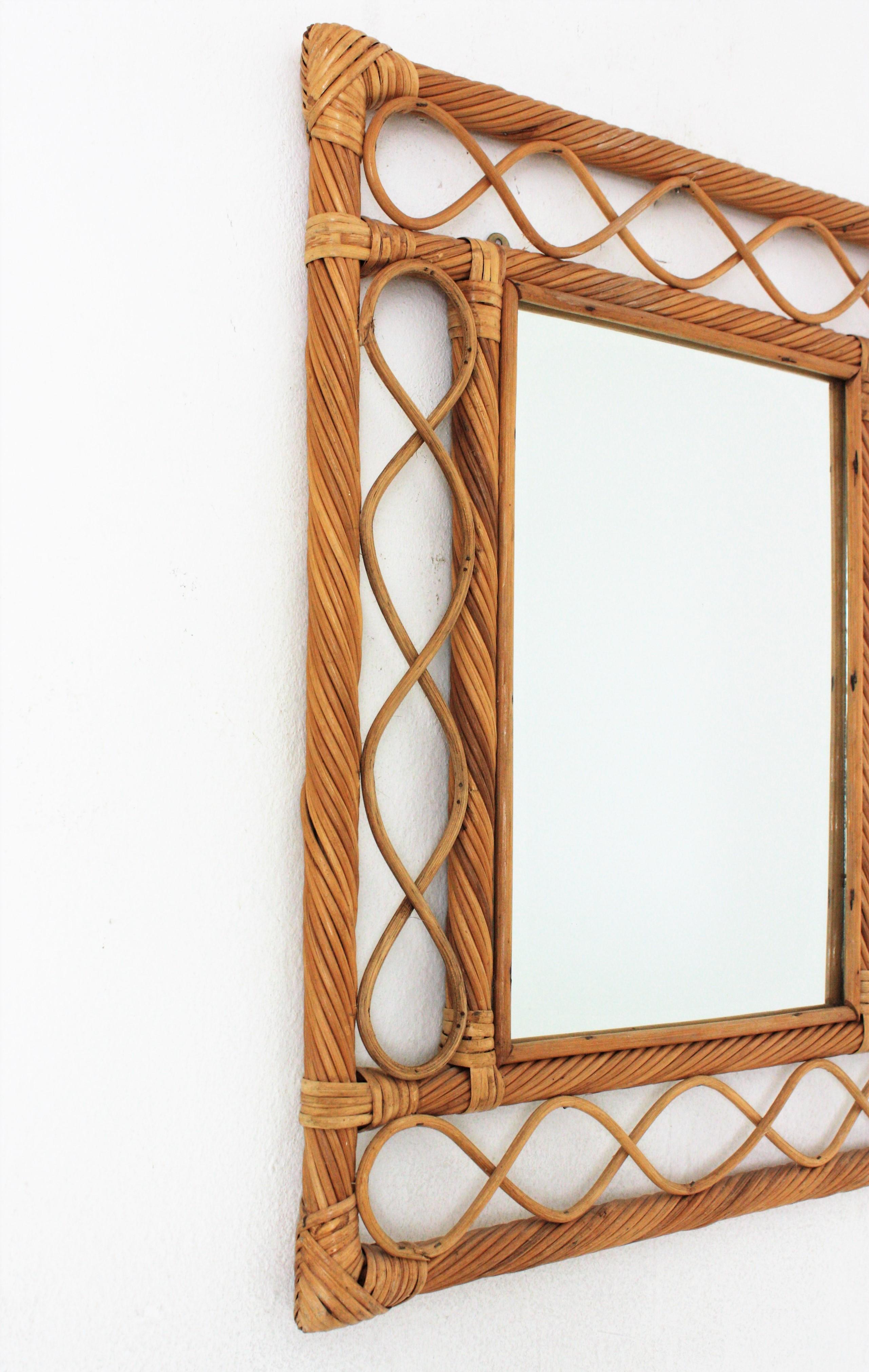 Italian Rattan Pencil Reed Franco Albini Style Rectangular Mirror