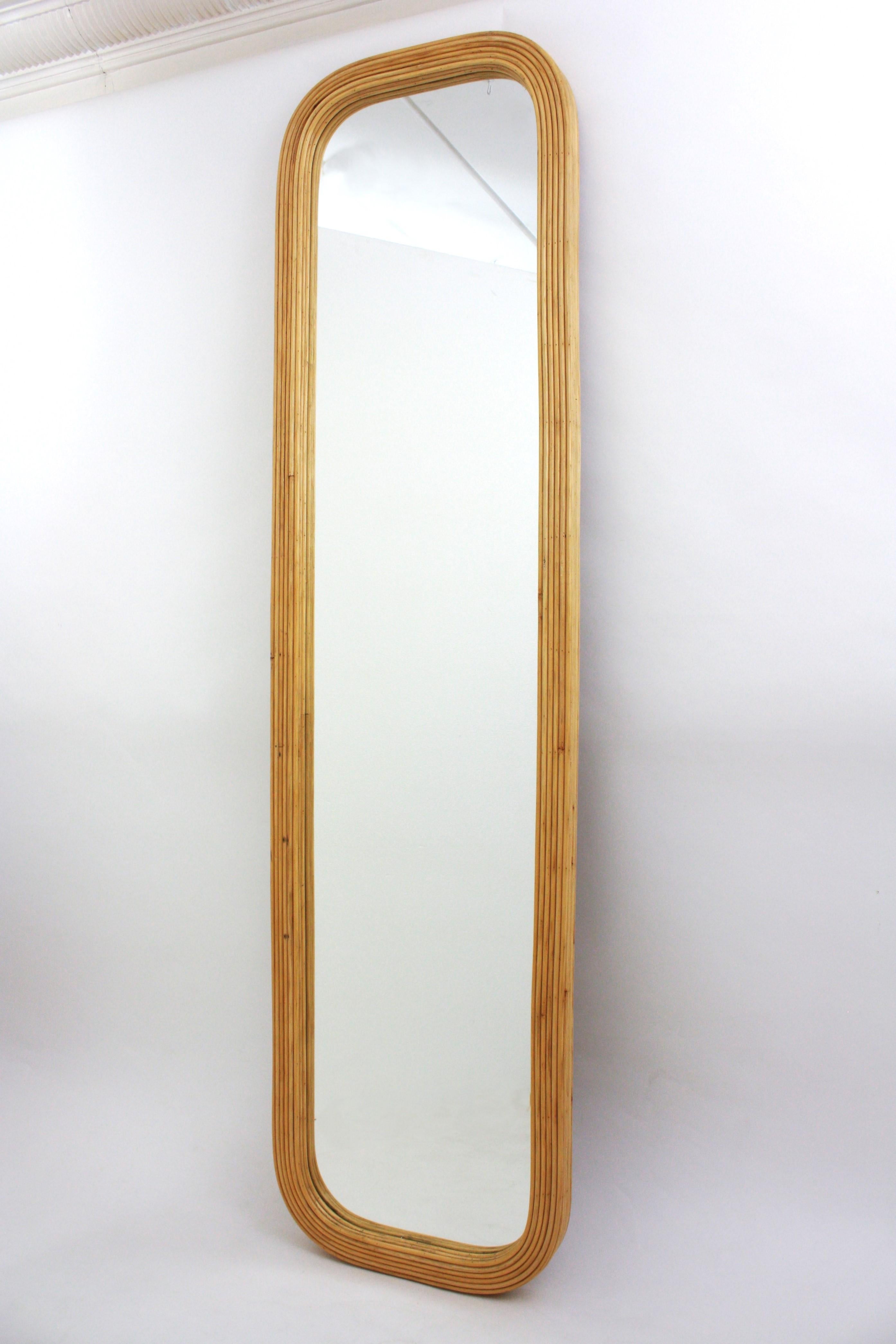 Mid-Century Modern Rattan Pencil Reed Full Length Rectangular Mirror