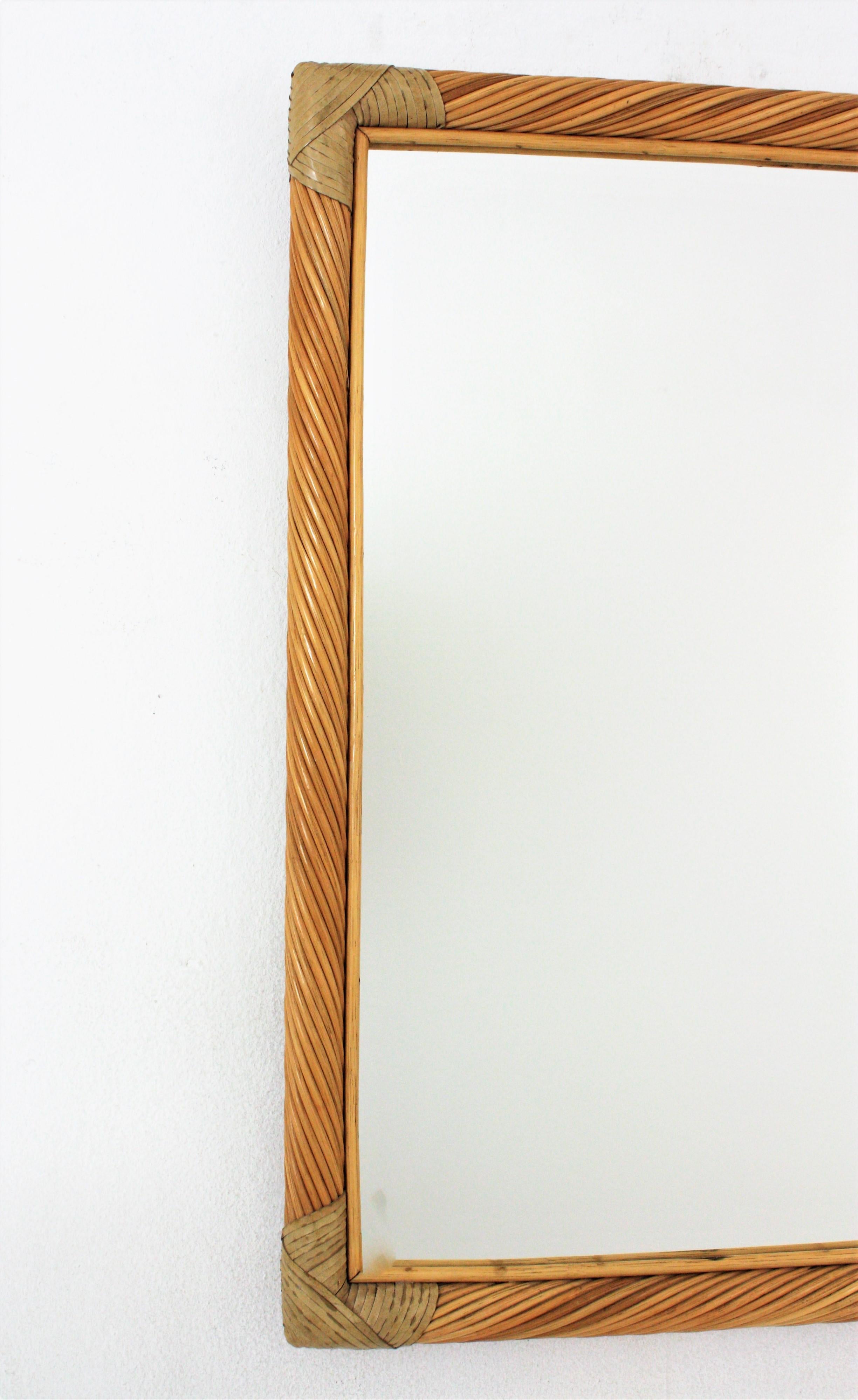 Mid-Century Modern Rattan Pencil Reed Rectangular Mirror For Sale
