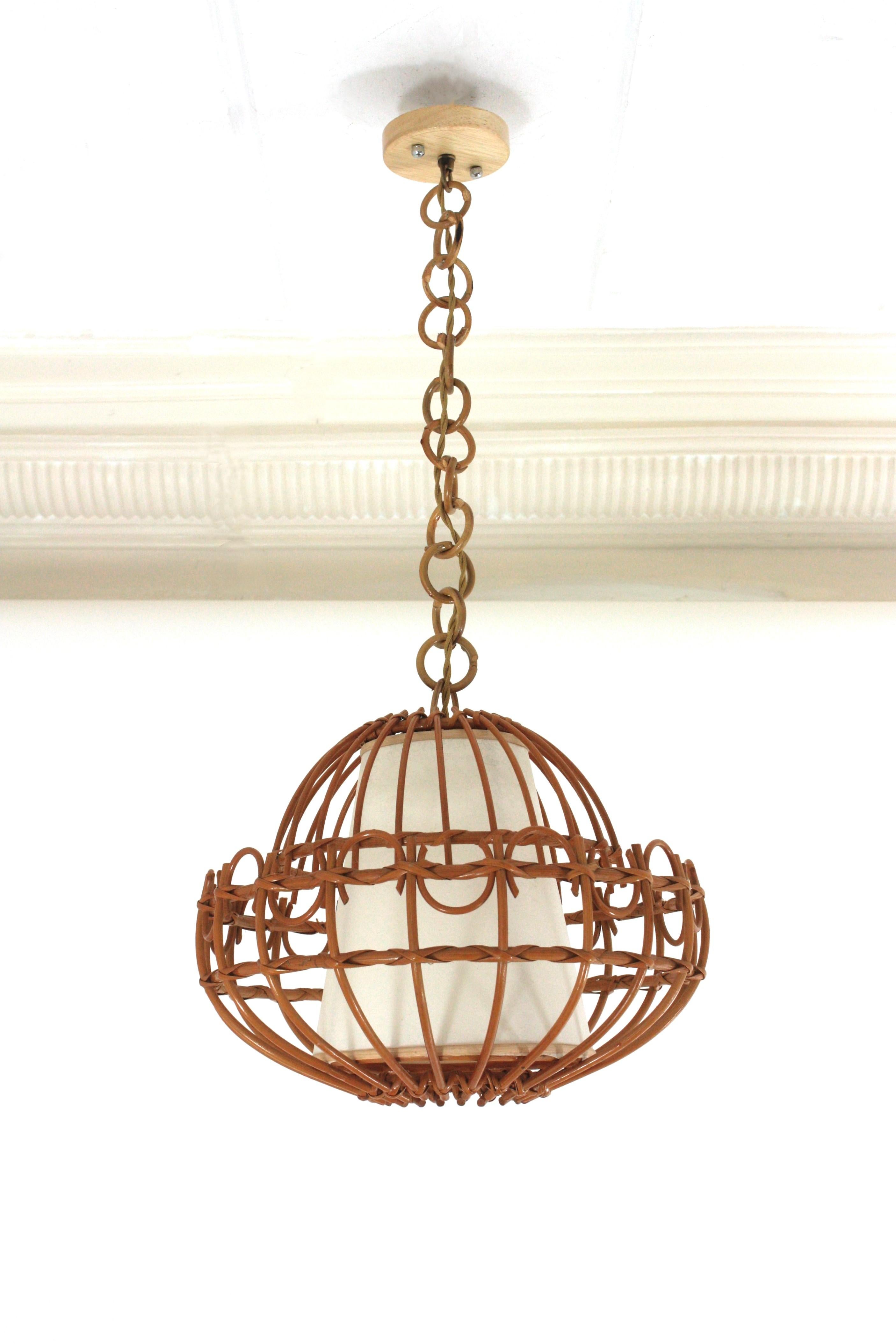 Mid-Century Modern Rattan Pendant Hanging Light / Lantern, 1960s  For Sale