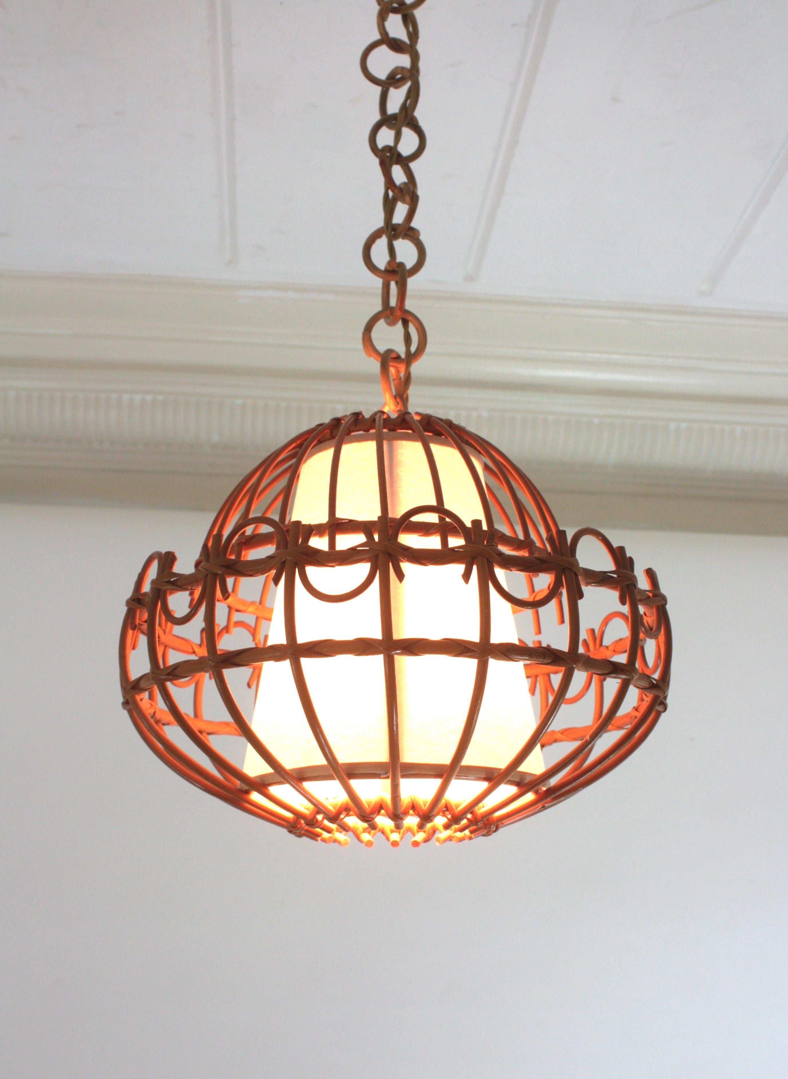 Spanish Rattan Pendant Hanging Light / Lantern, 1960s  For Sale