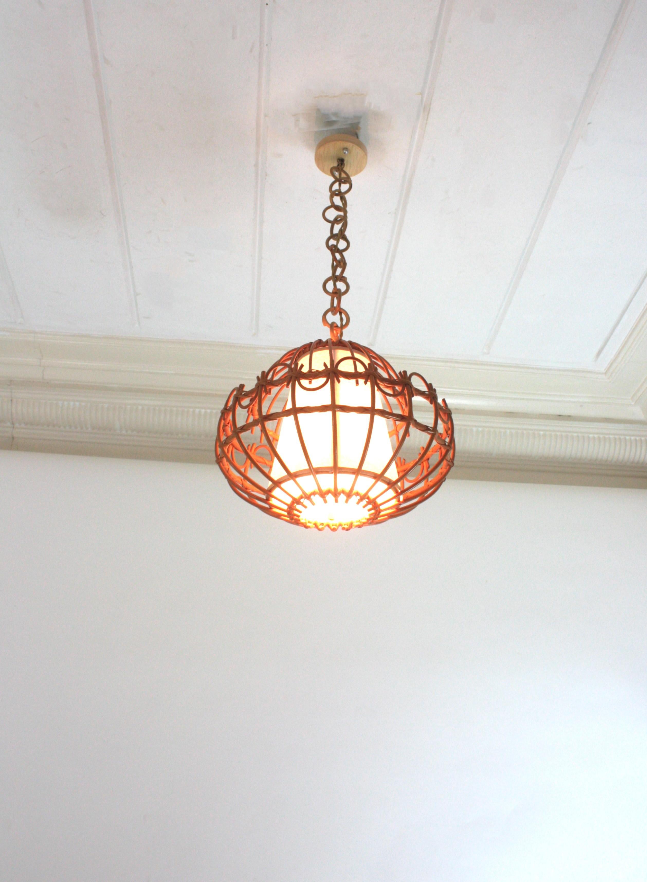Wicker Rattan Pendant Hanging Light / Lantern, 1960s  For Sale