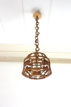 Rattan Pendant Hanging Light / Lantern with Filigree Details, 1960s