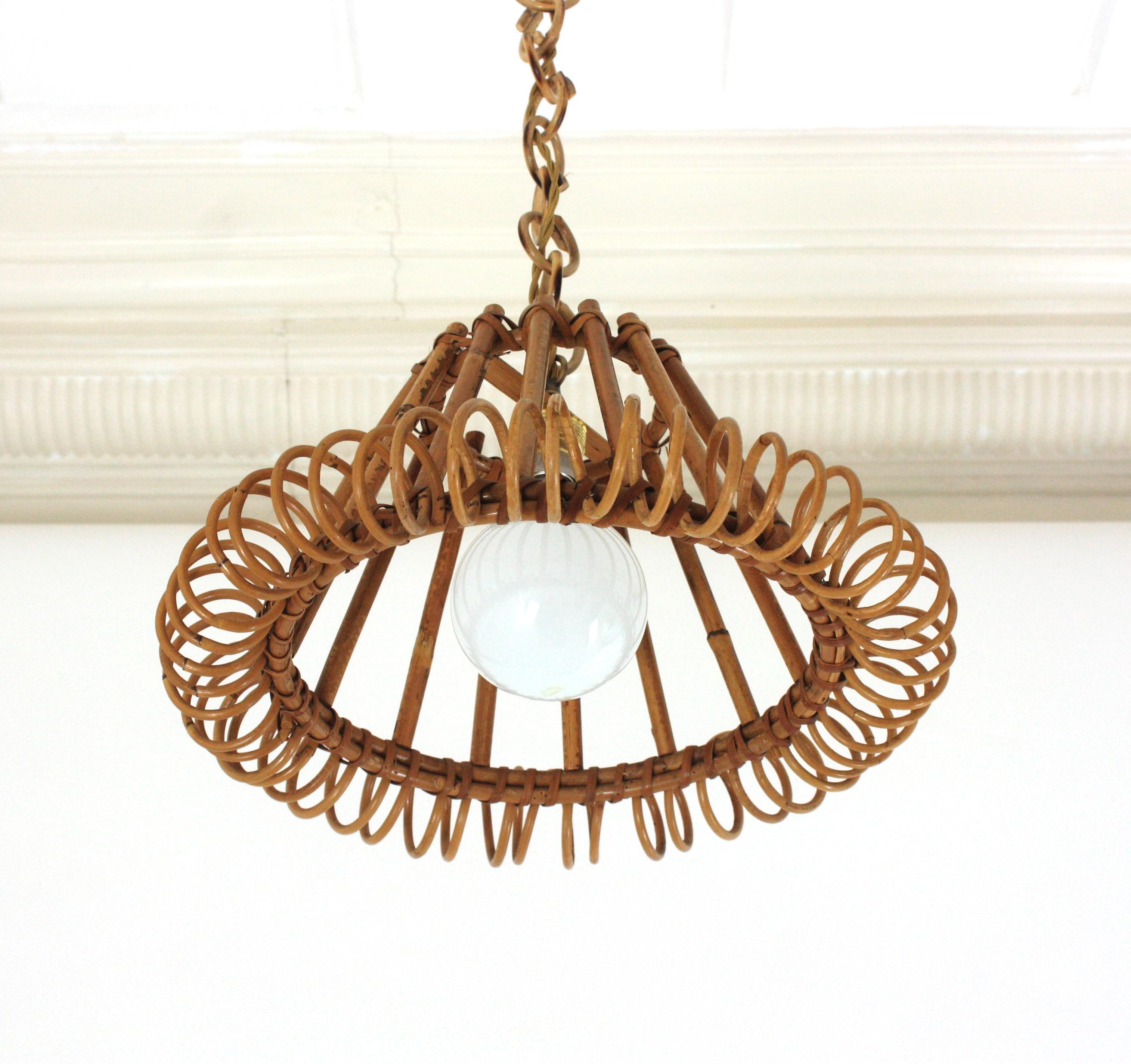 Rattan Pendant Hanging Light with Spiral Detail, Franco Albini Style For Sale 2