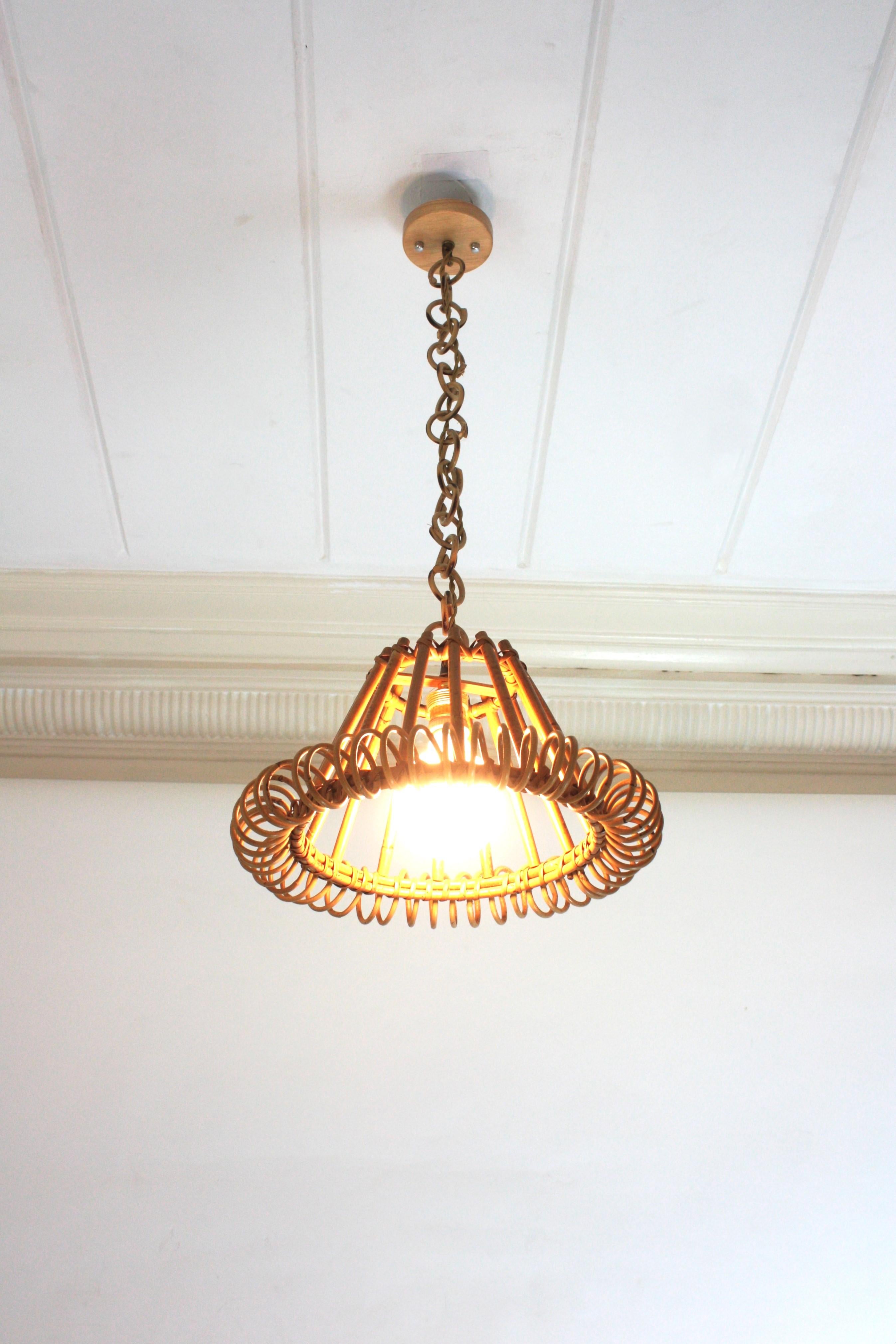 Rattan Pendant Hanging Light with Spiral Detail, Franco Albini Style For Sale 3