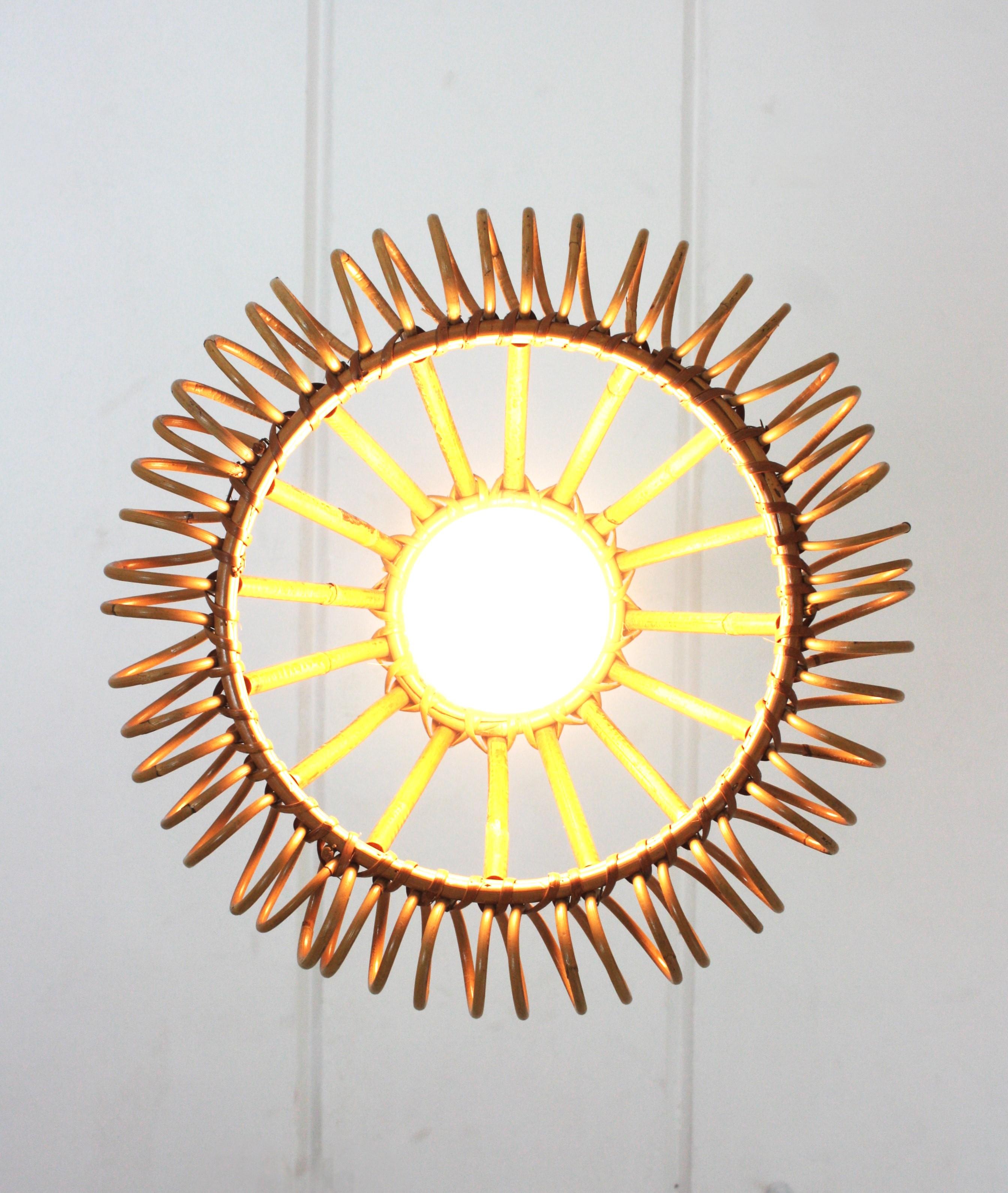 Rattan Pendant Hanging Light with Spiral Detail, Franco Albini Style For Sale 4