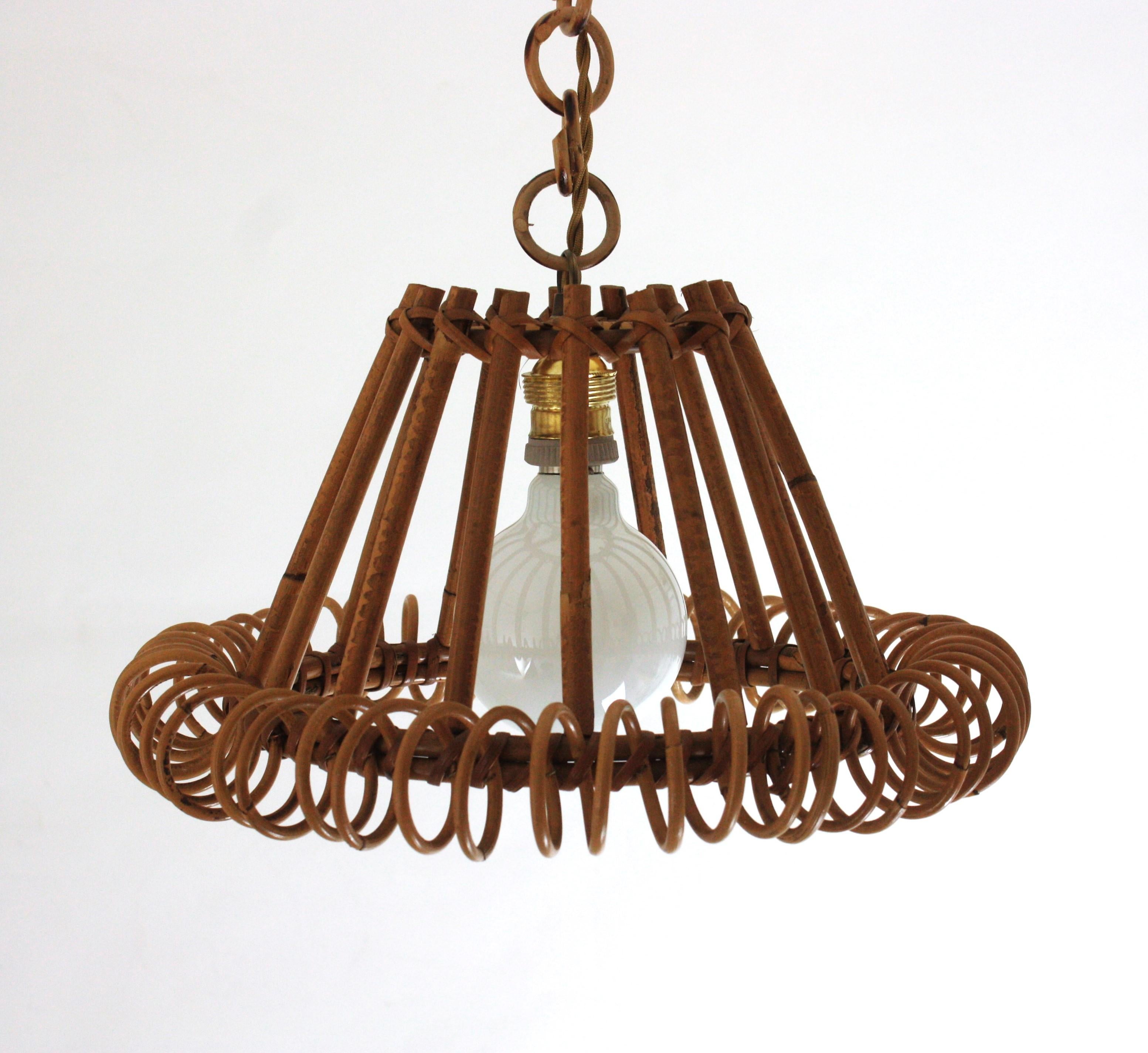 Rattan Pendant Hanging Light with Spiral Detail, Franco Albini Style For Sale 6