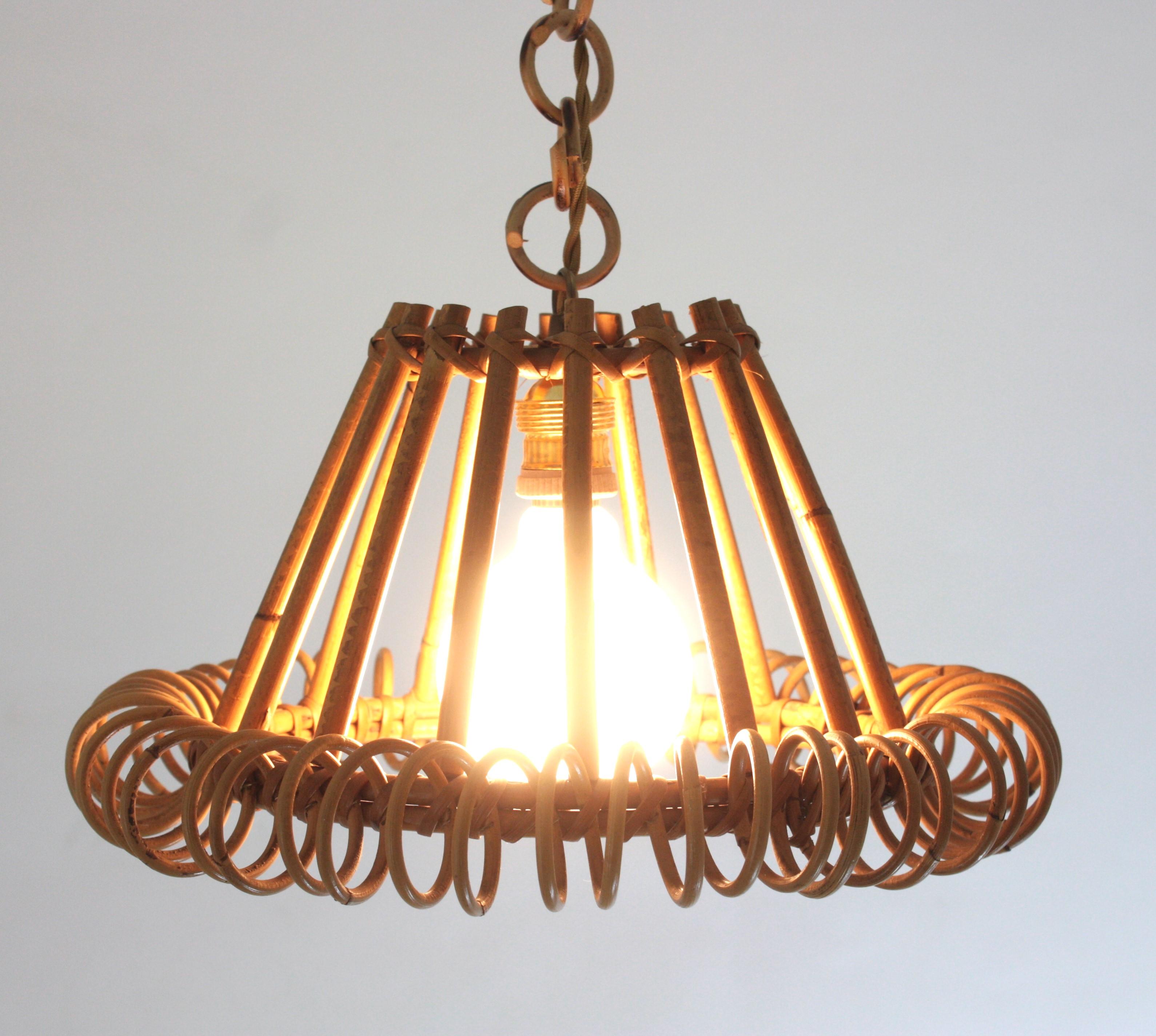 Rattan Pendant Hanging Light with Spiral Detail, Franco Albini Style For Sale 7