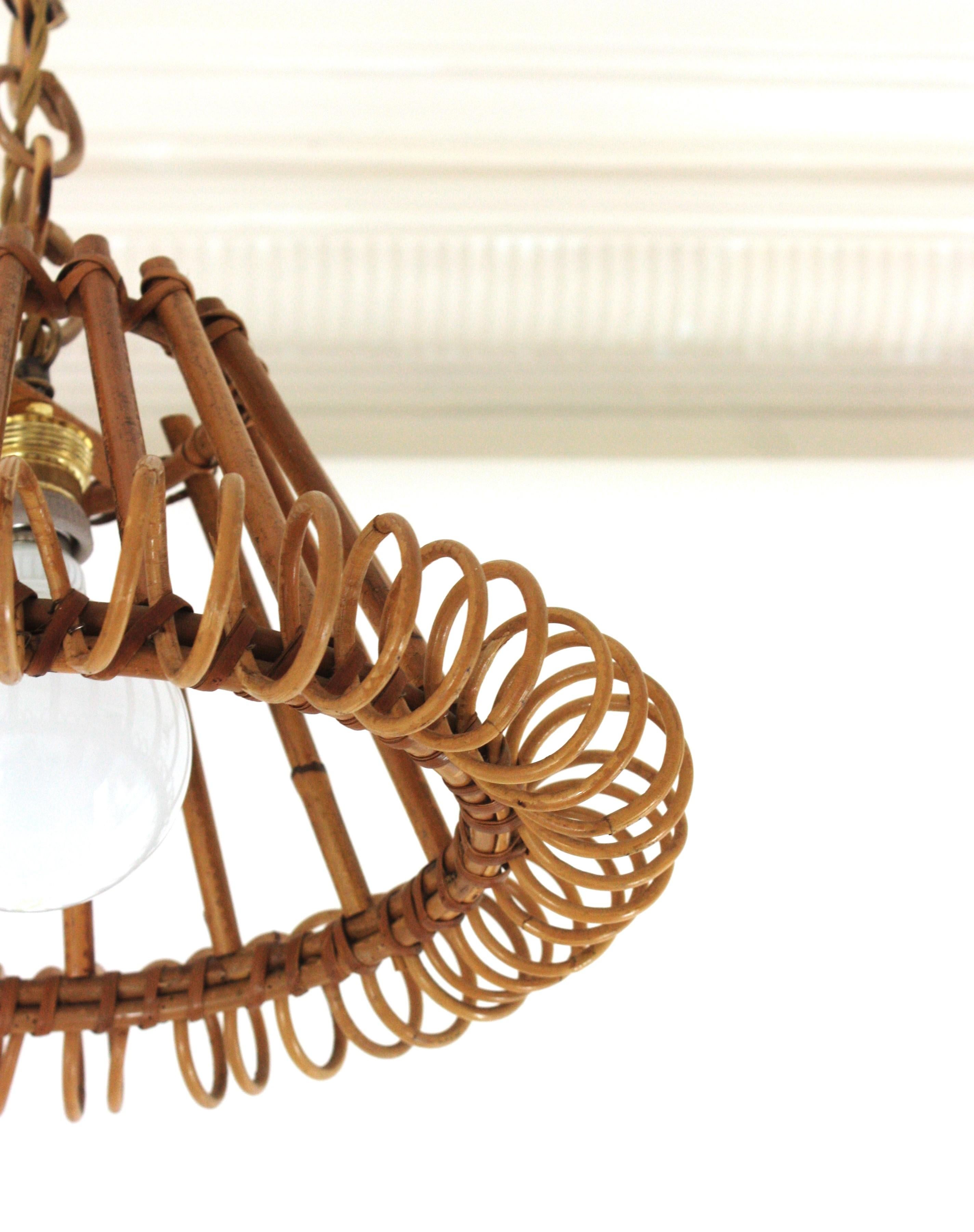 Rattan Pendant Hanging Light with Spiral Detail, Franco Albini Style For Sale 9