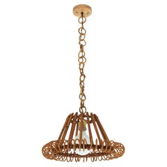 1960s Conical Rattan Pendant Hanging Light Franco Albini Style, Spiral Design
