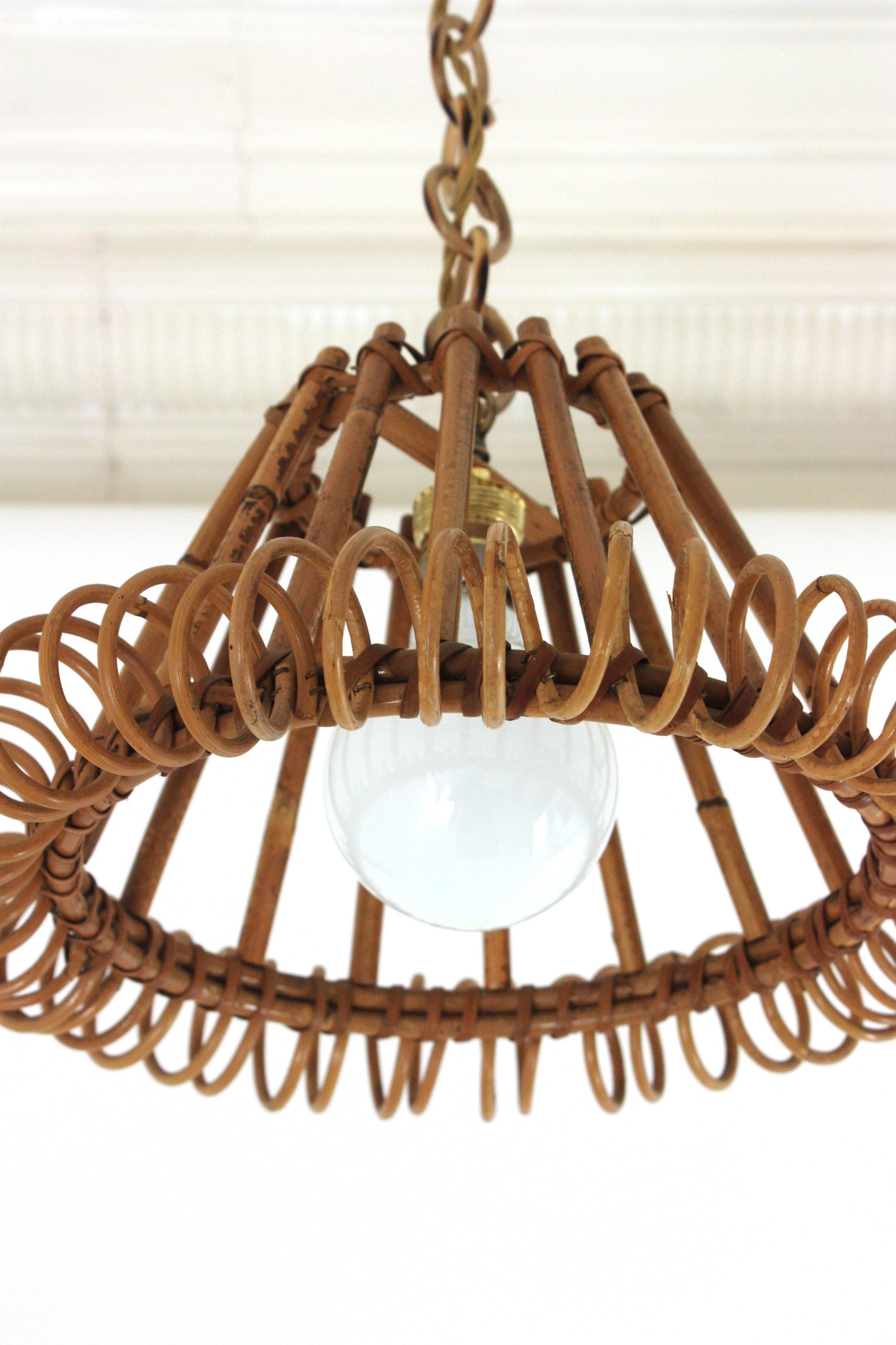 Italian Rattan Pendant Hanging Light with Spiral Detail, Franco Albini Style For Sale