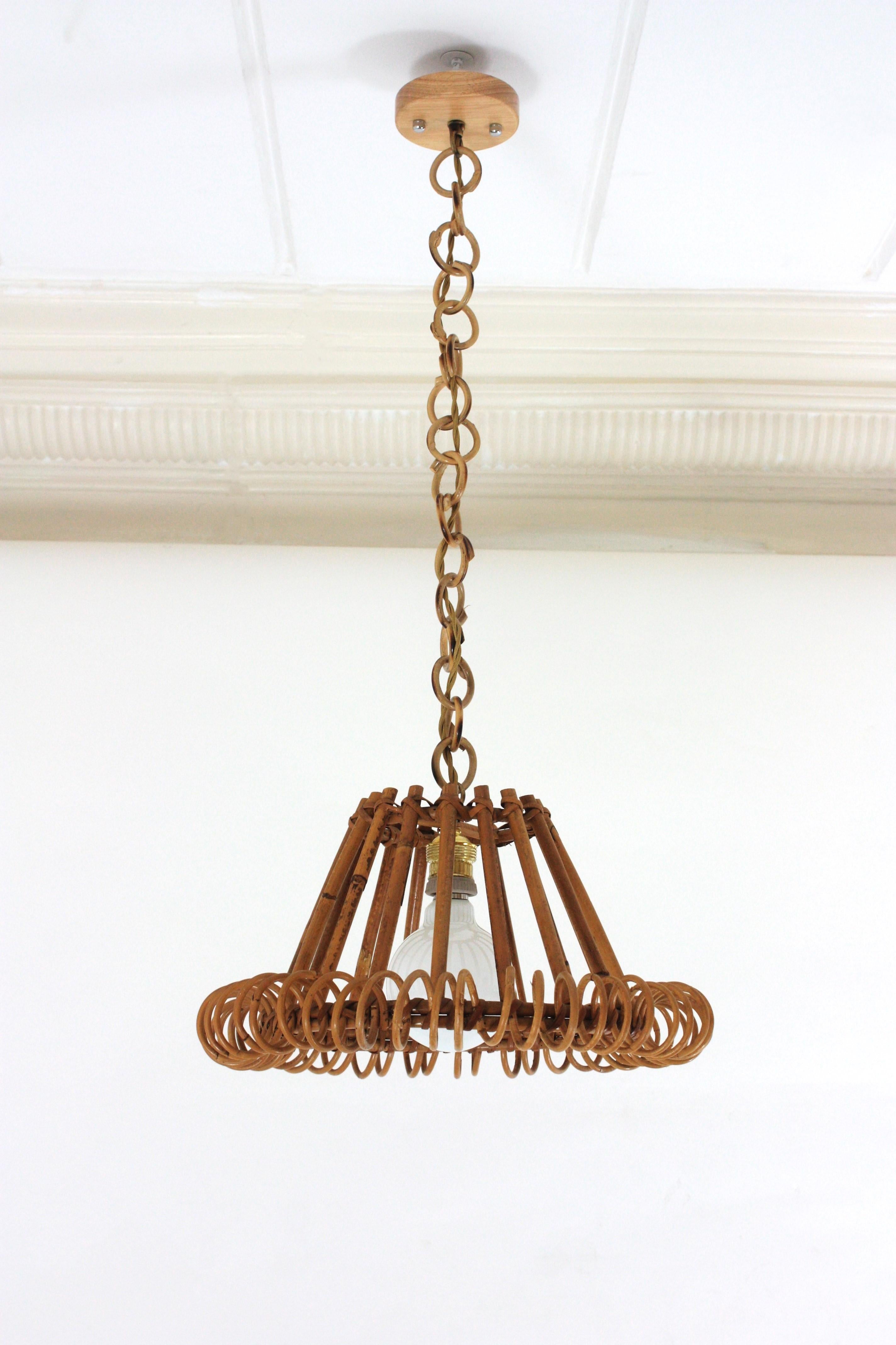 Hand-Crafted Rattan Pendant Hanging Light with Spiral Detail, Franco Albini Style For Sale