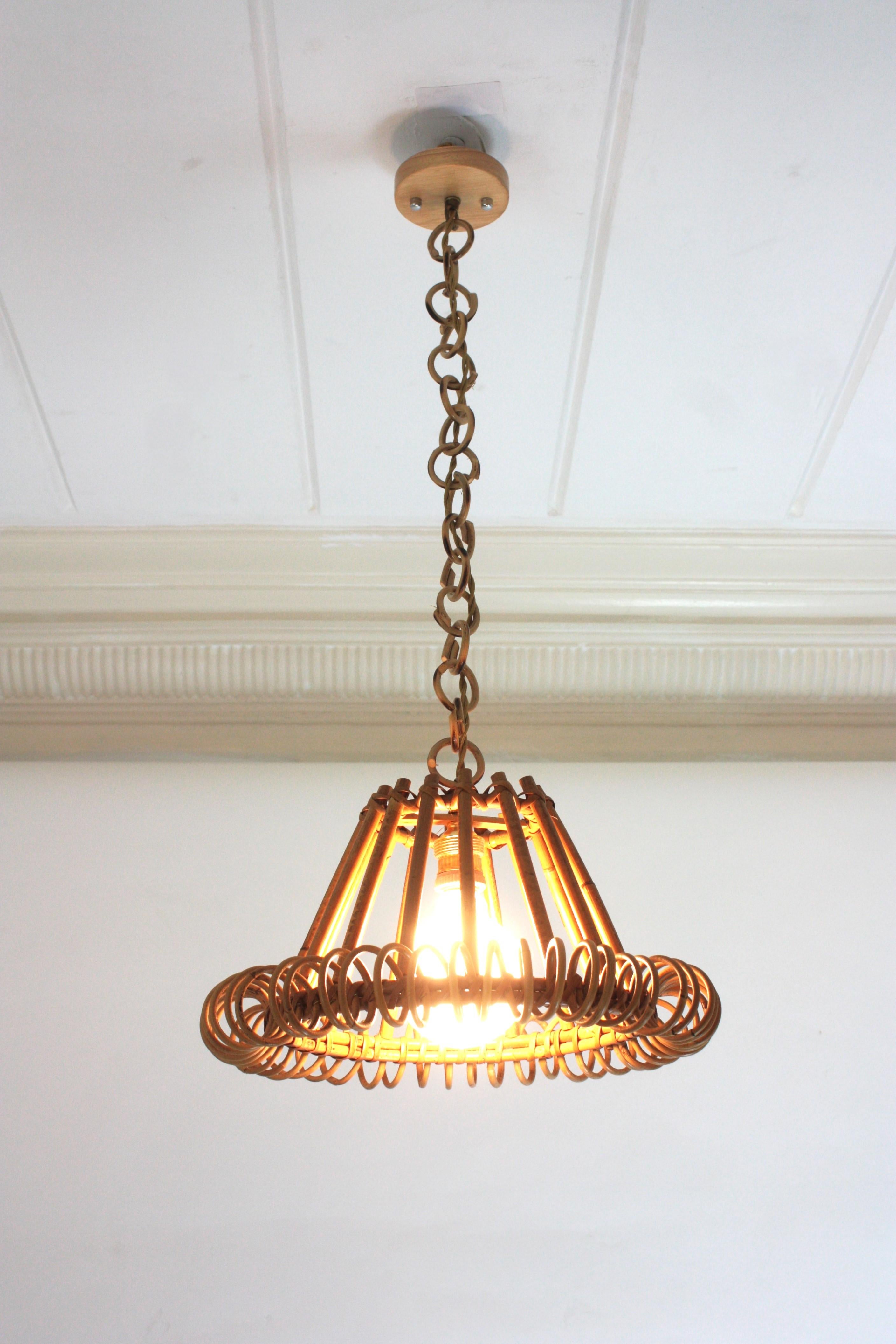 Rattan Pendant Hanging Light with Spiral Detail, Franco Albini Style In Good Condition For Sale In Barcelona, ES