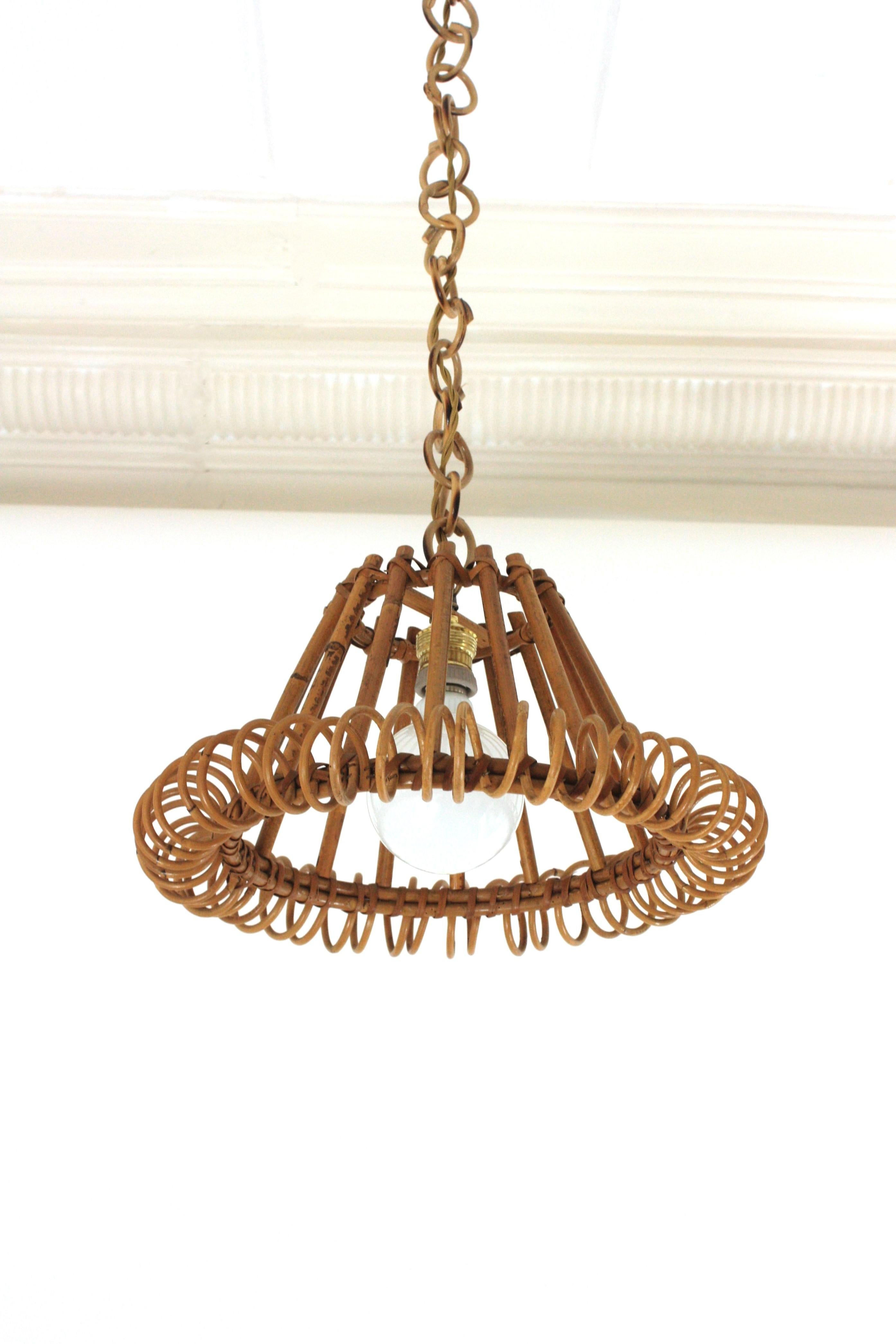 20th Century Rattan Pendant Hanging Light with Spiral Detail, Franco Albini Style For Sale