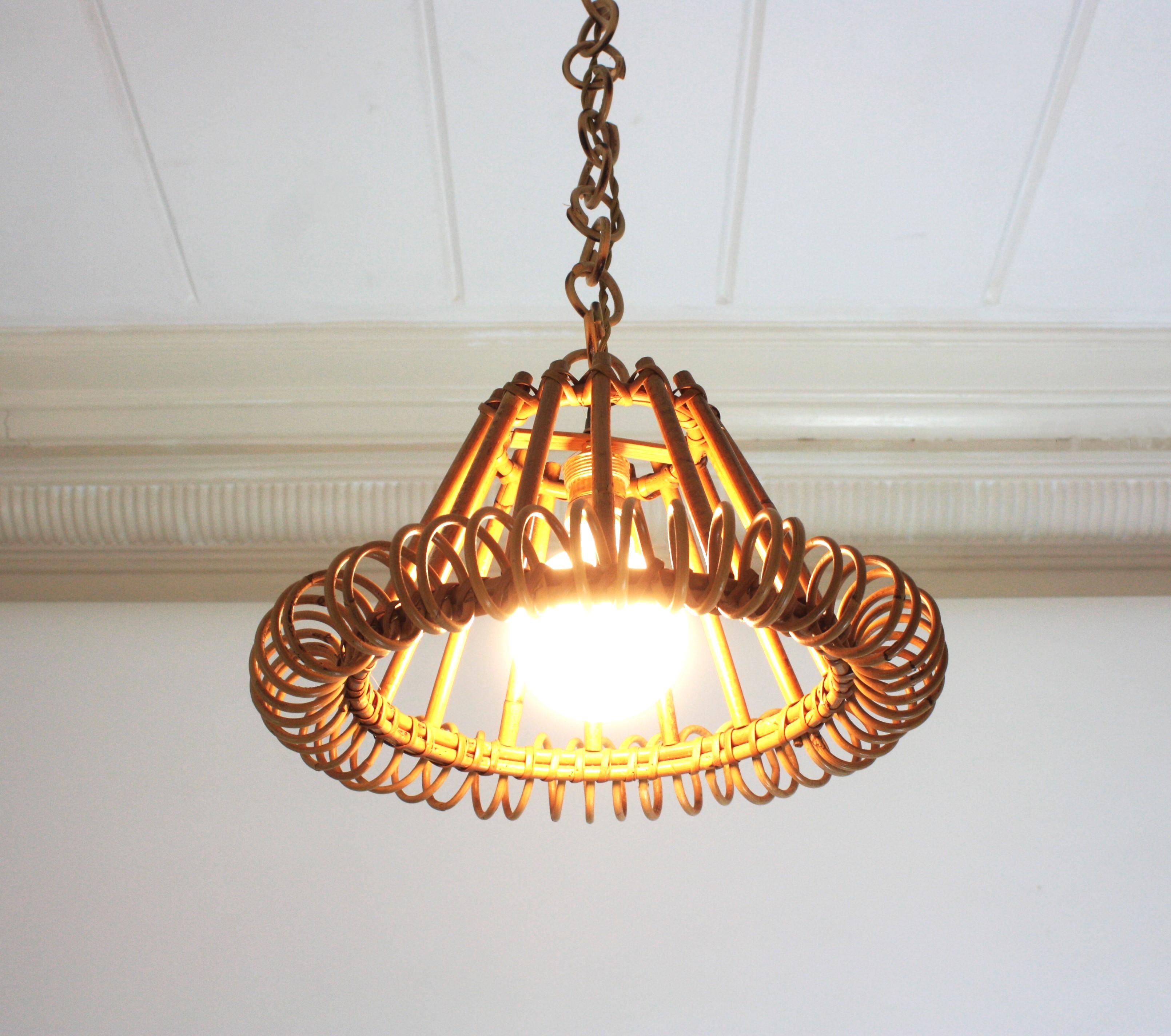 Wicker Rattan Pendant Hanging Light with Spiral Detail, Franco Albini Style For Sale