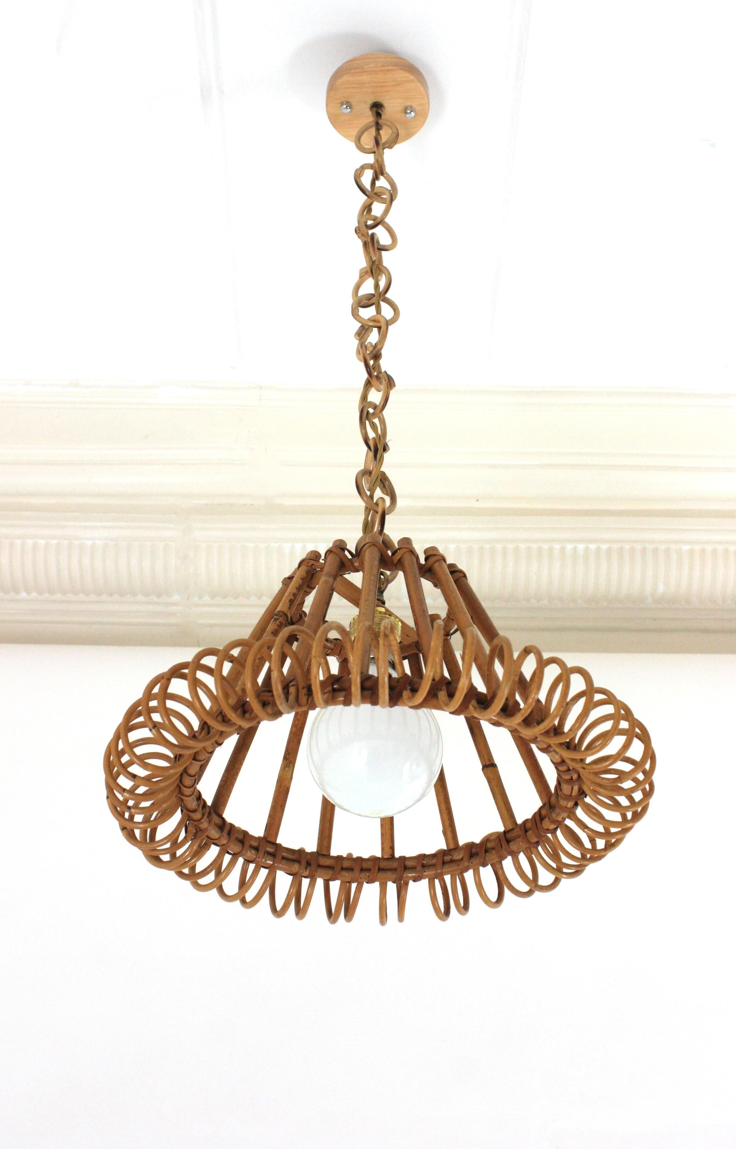 Rattan Pendant Hanging Light with Spiral Detail, Franco Albini Style For Sale 1