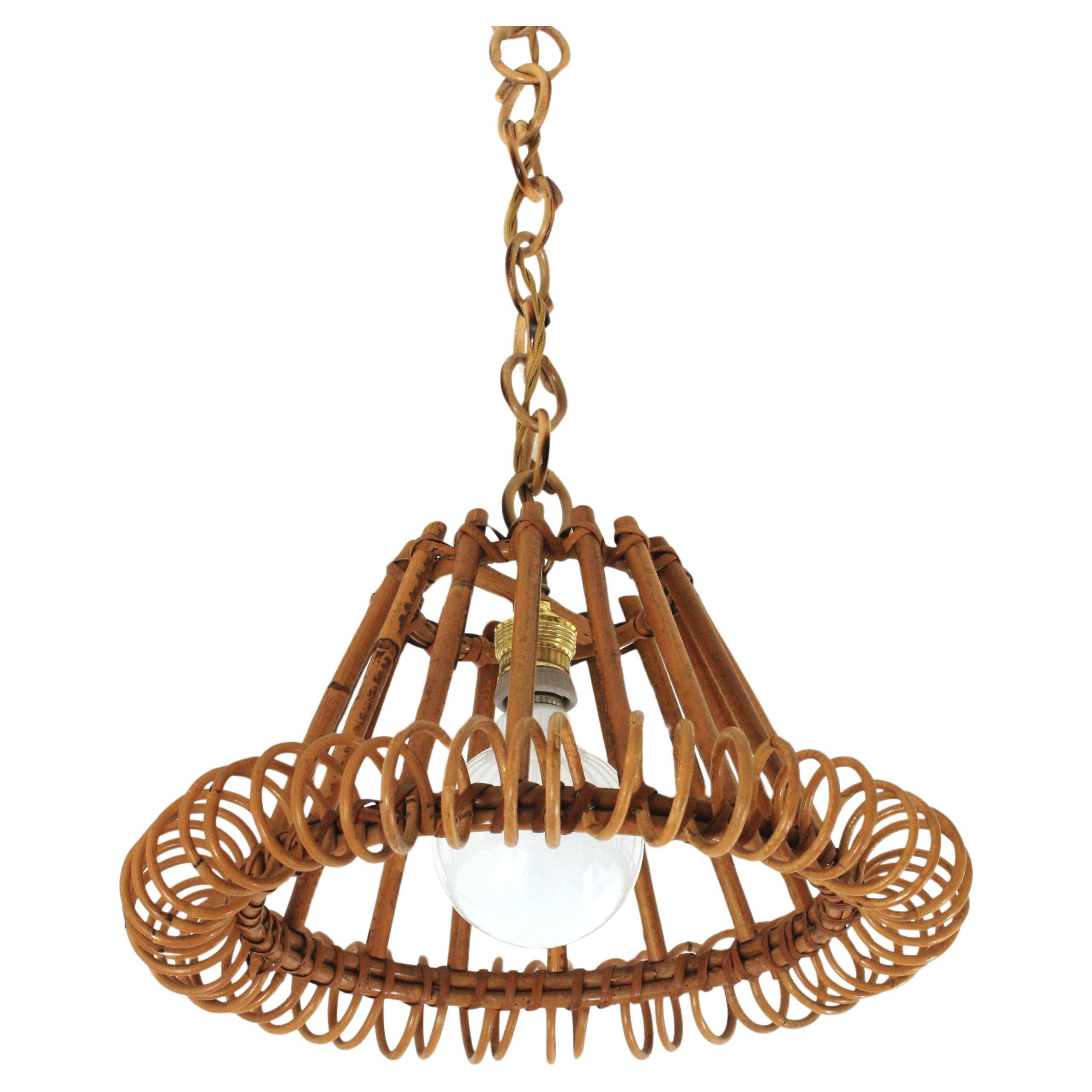 Rattan Pendant Hanging Light with Spiral Detail, Franco Albini Style For Sale