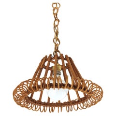 Used Rattan Pendant Hanging Light with Spiral Detail, Franco Albini Style